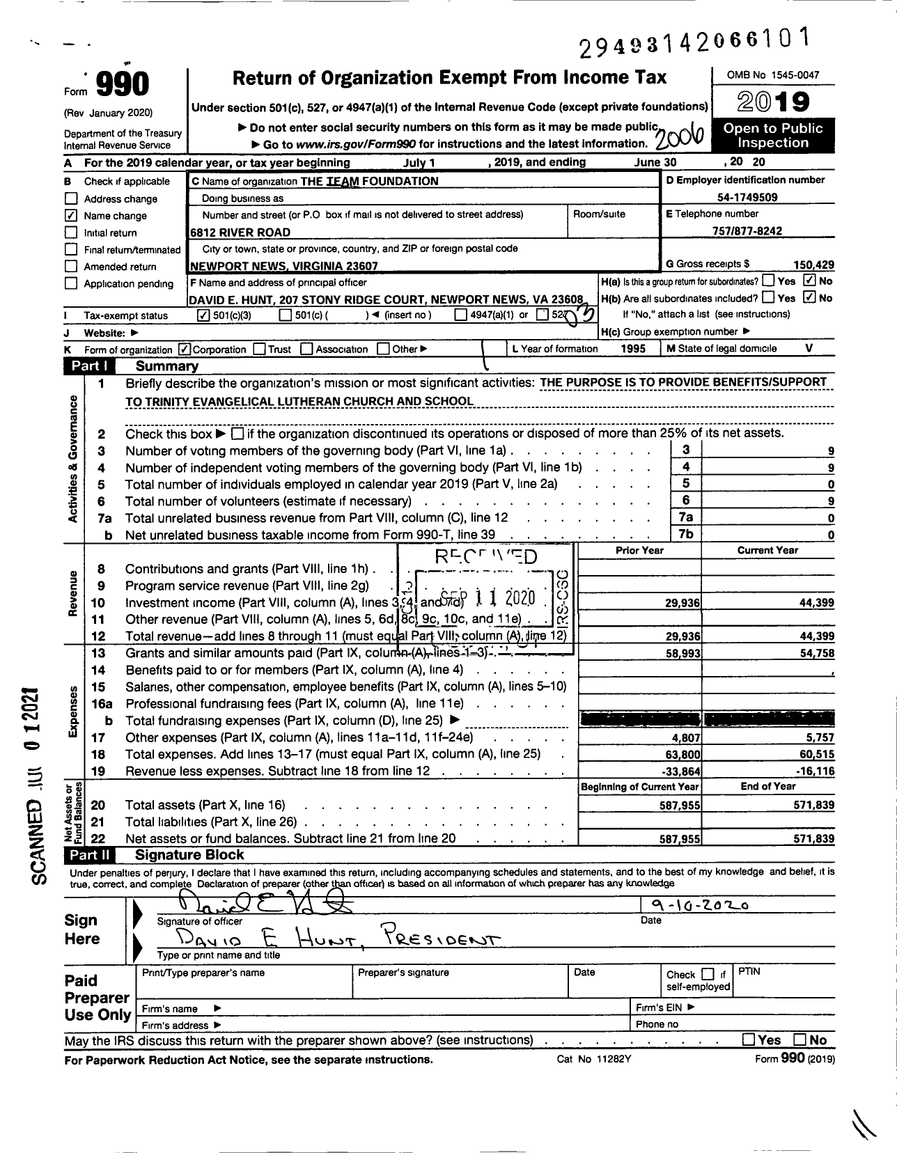 Image of first page of 2019 Form 990 for The Team Foundation