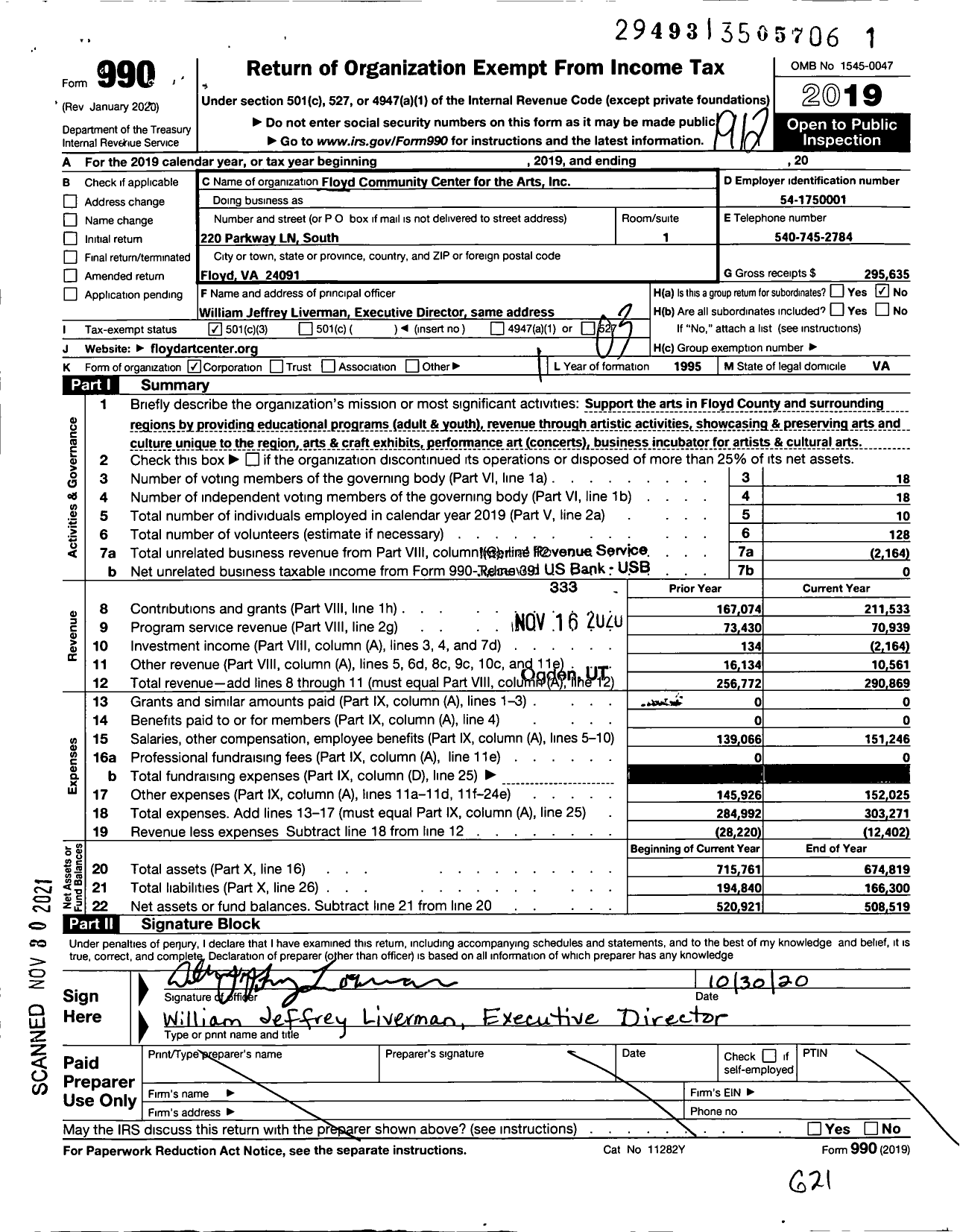 Image of first page of 2019 Form 990 for Floyd Community Center for the Arts