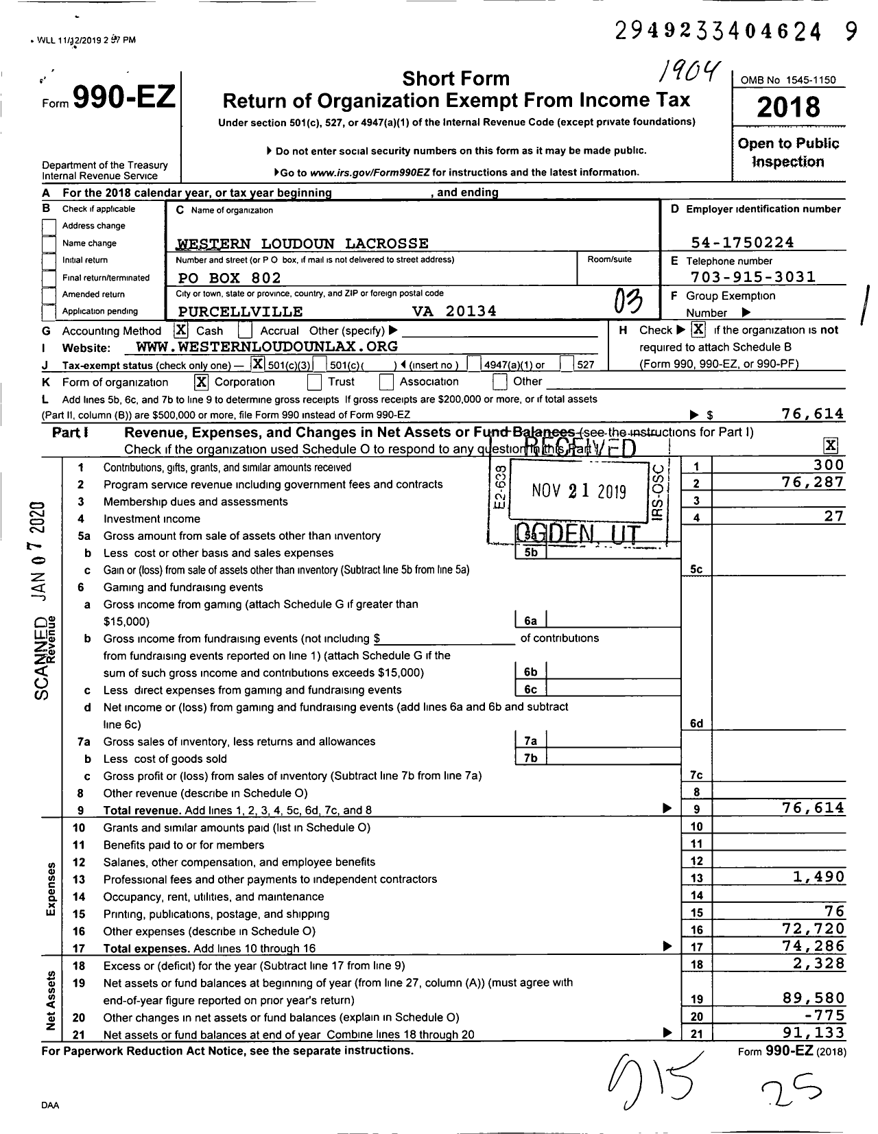 Image of first page of 2018 Form 990EZ for Western Loudoun Lacrosse