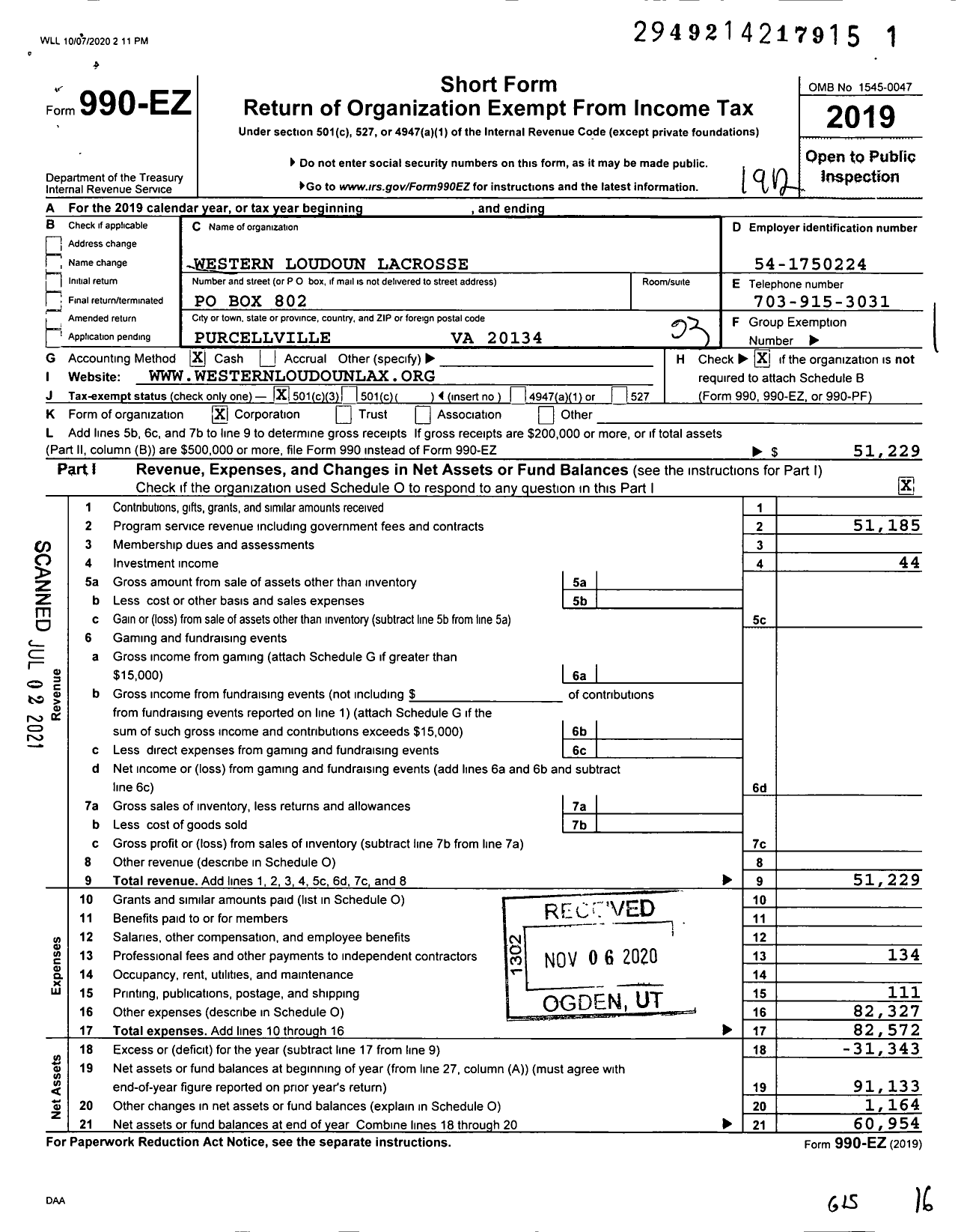 Image of first page of 2019 Form 990EZ for Western Loudoun Lacrosse