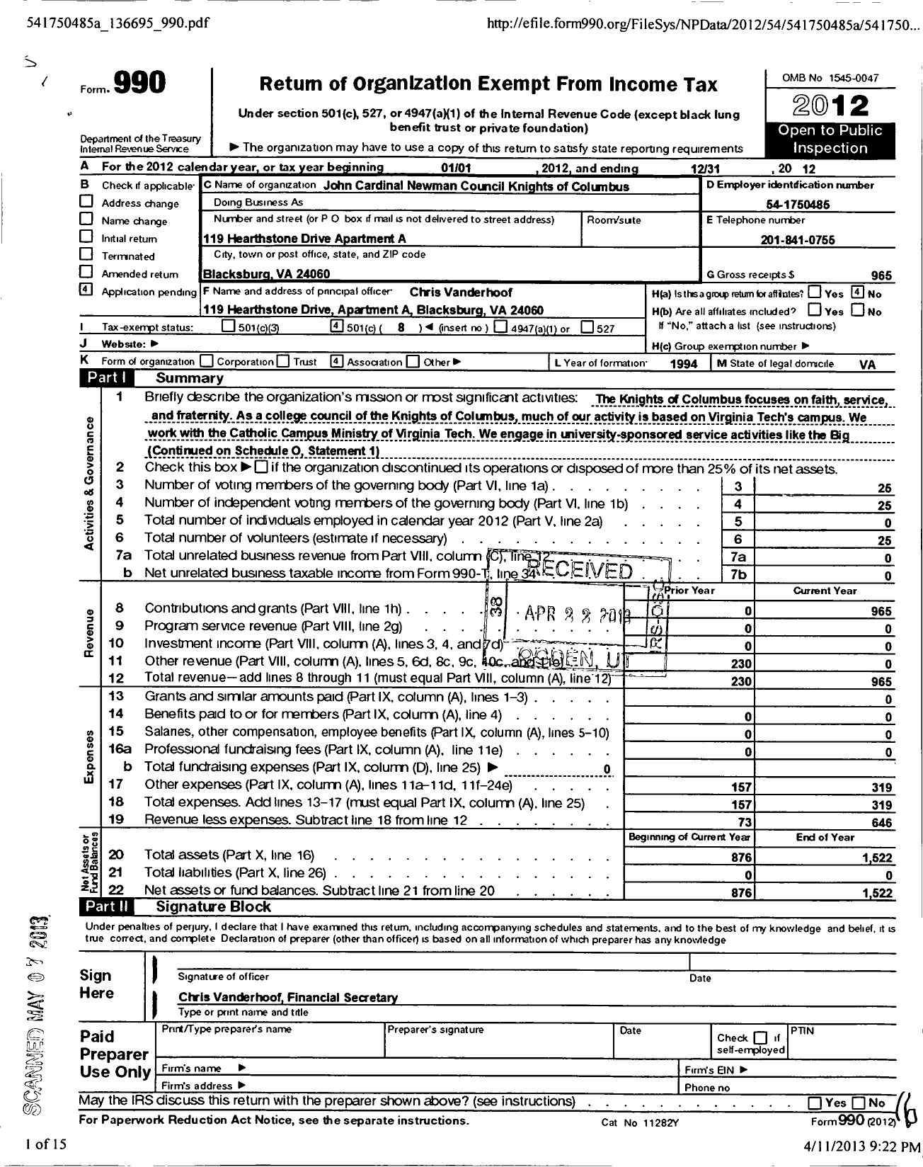 Image of first page of 2012 Form 990O for John Cardinal Newman Council No 11323 Knights of Columbus