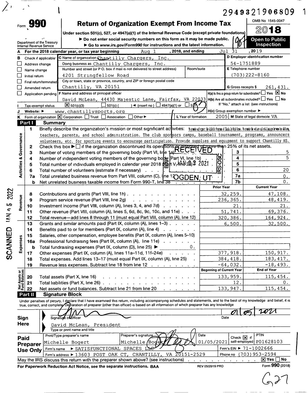 Image of first page of 2018 Form 990 for Chantilly Chargers