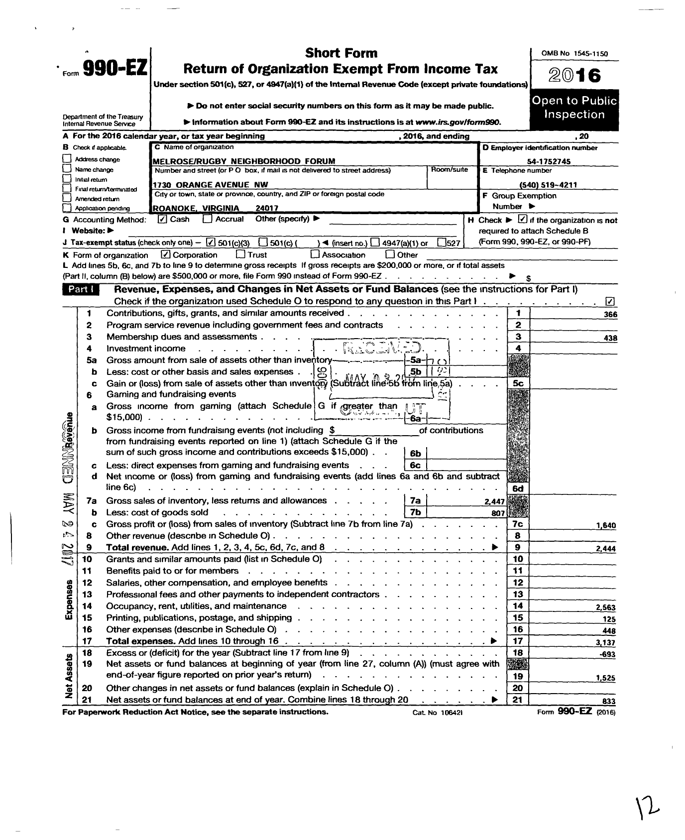 Image of first page of 2016 Form 990EZ for Melrose-Rugby Neighborhood Forum