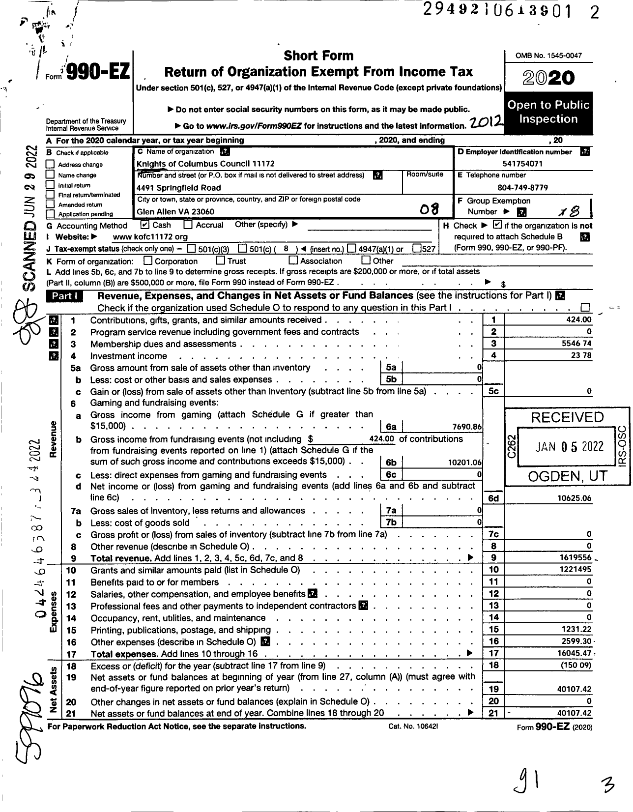 Image of first page of 2020 Form 990EO for Knights of Columbus - 11172 St Michaels Council