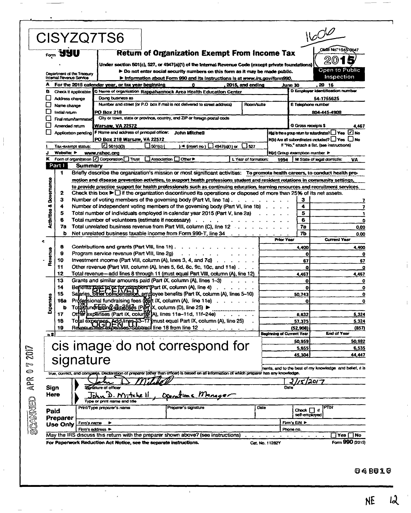 Image of first page of 2015 Form 990 for Rappahannock Area Health Education Center