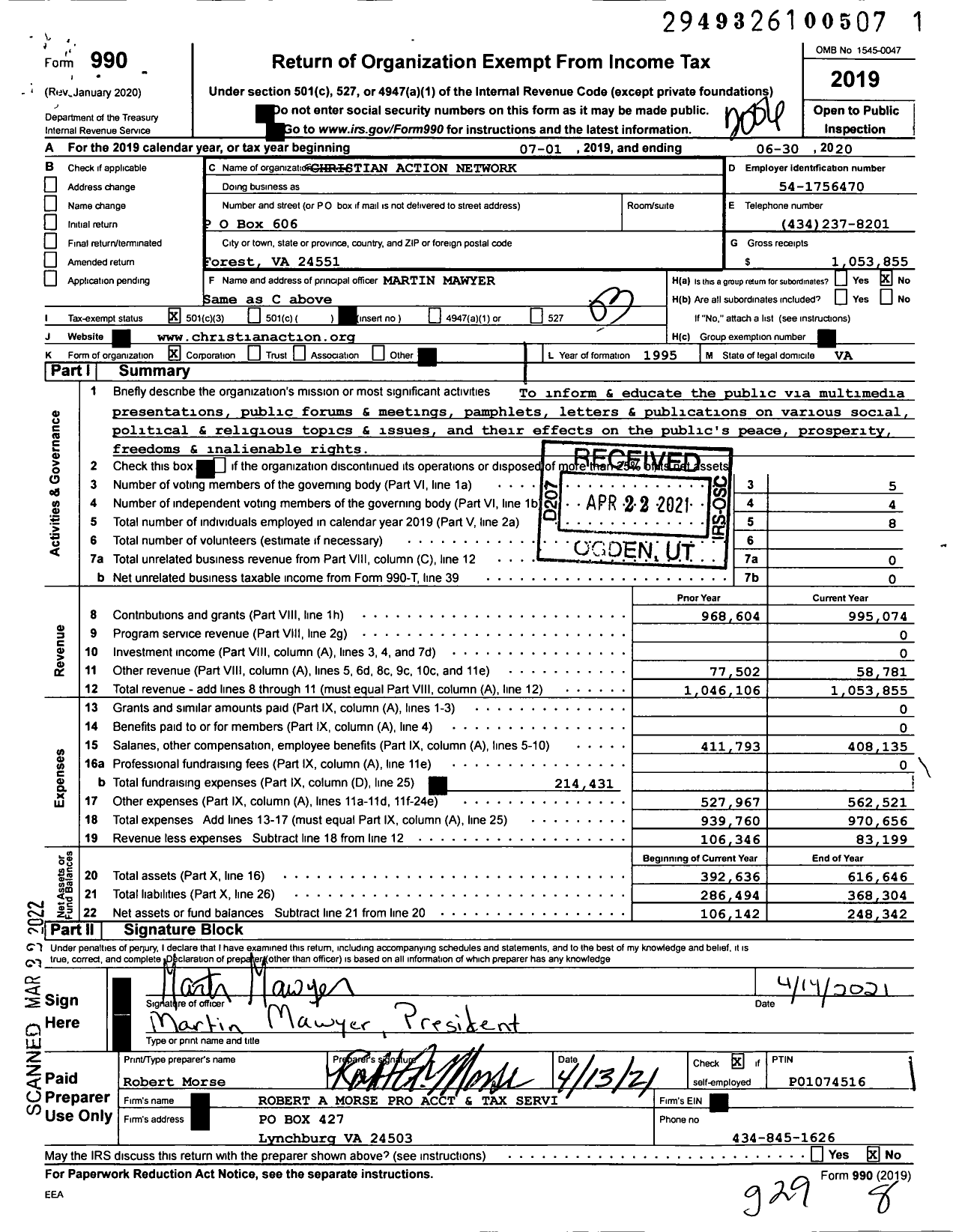 Image of first page of 2019 Form 990 for Christian Action Network