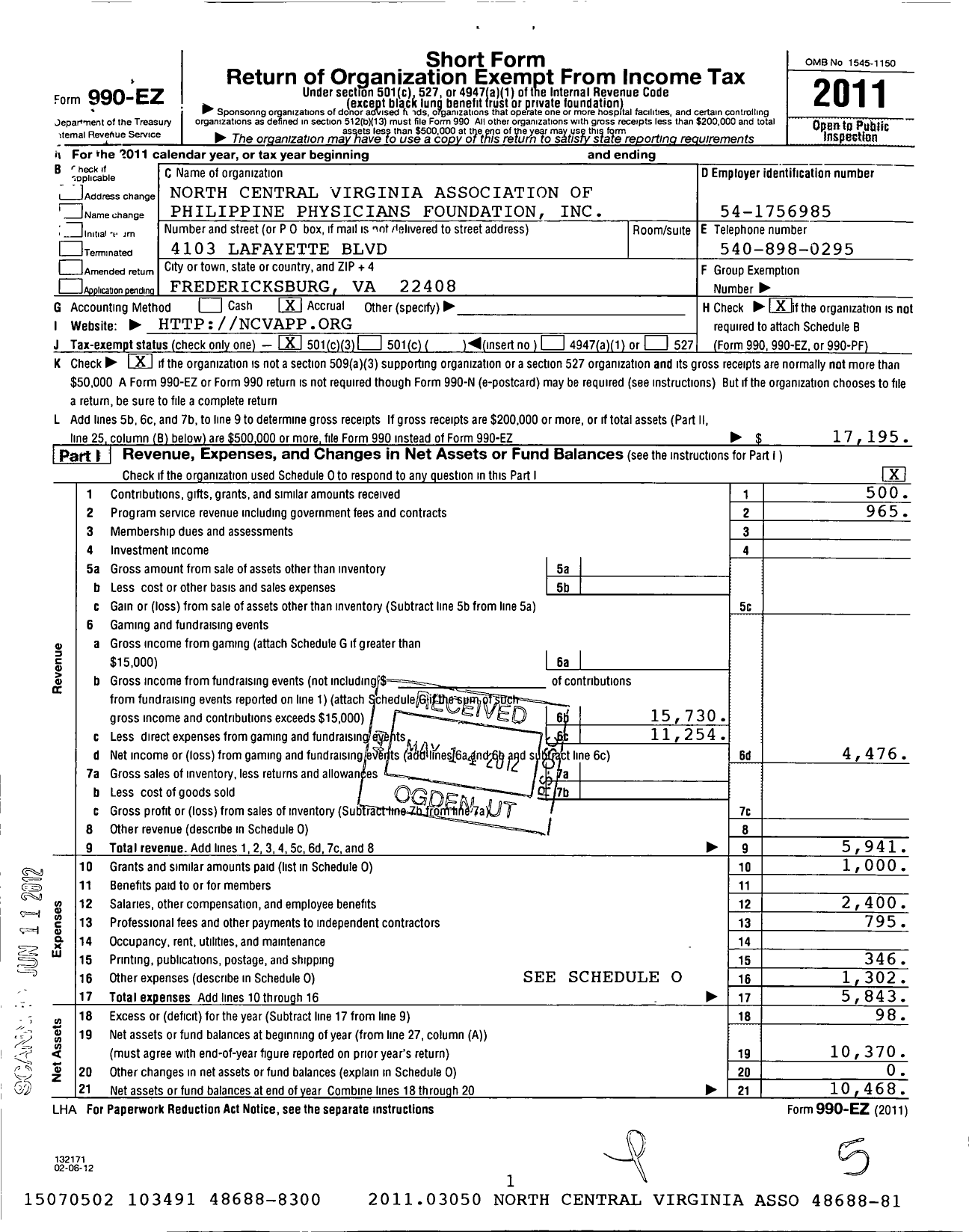 Image of first page of 2011 Form 990EZ for North Central Virginia Association of Philippine Physicians (NCVAPP)