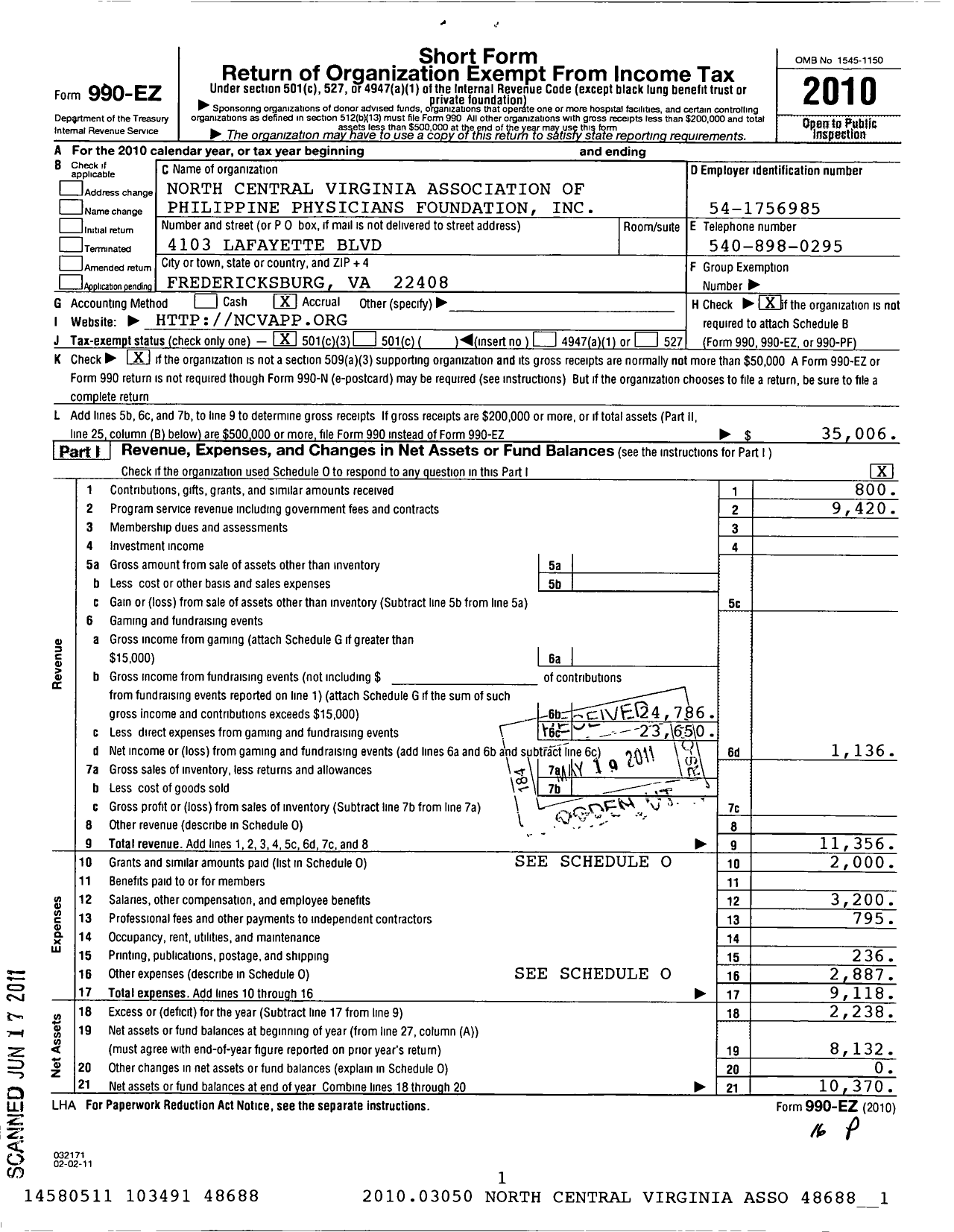 Image of first page of 2010 Form 990EZ for North Central Virginia Association of Philippine Physicians (NCVAPP)