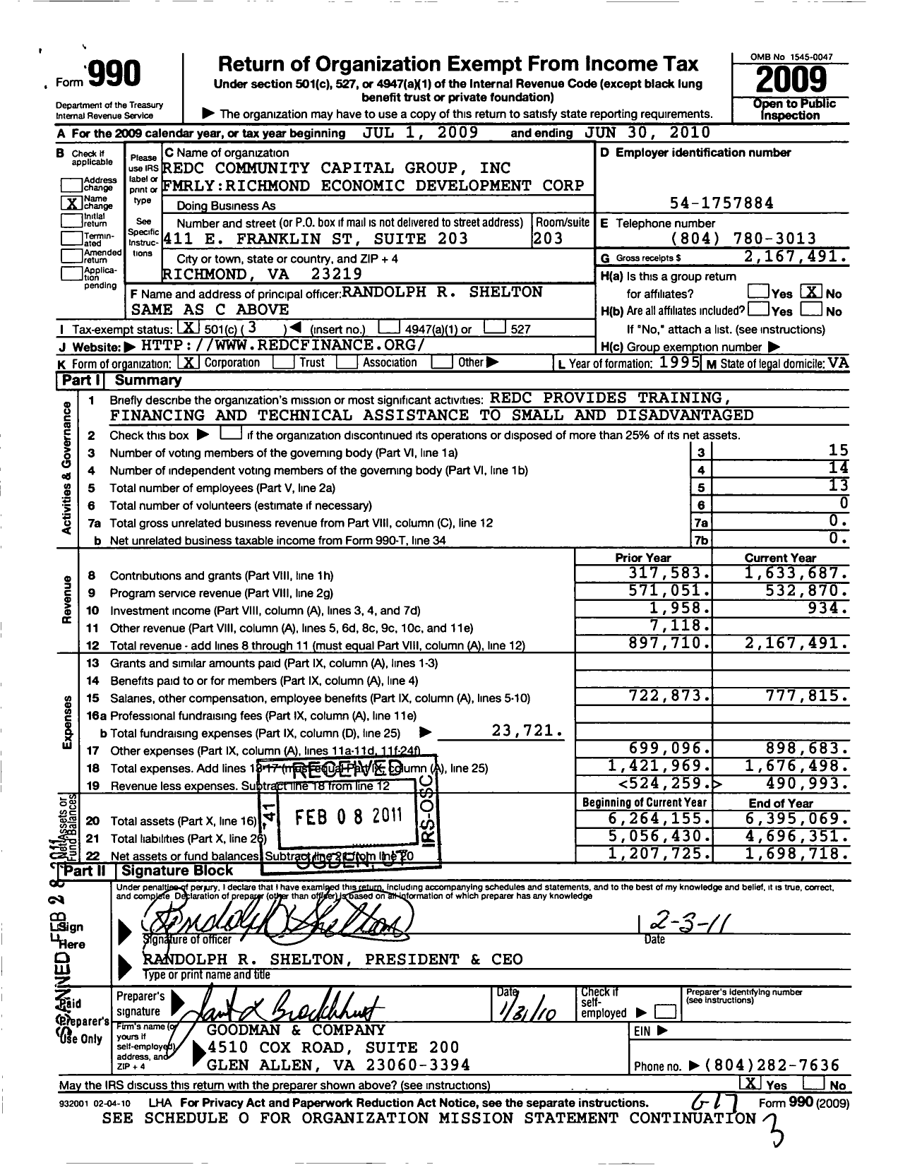 Image of first page of 2009 Form 990 for Redc Community Capital Group
