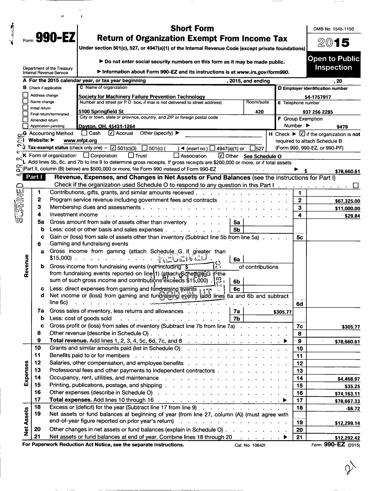 Image of first page of 2015 Form 990EZ for Vibration Institute / Soc for Machinery Failure Prev Tech