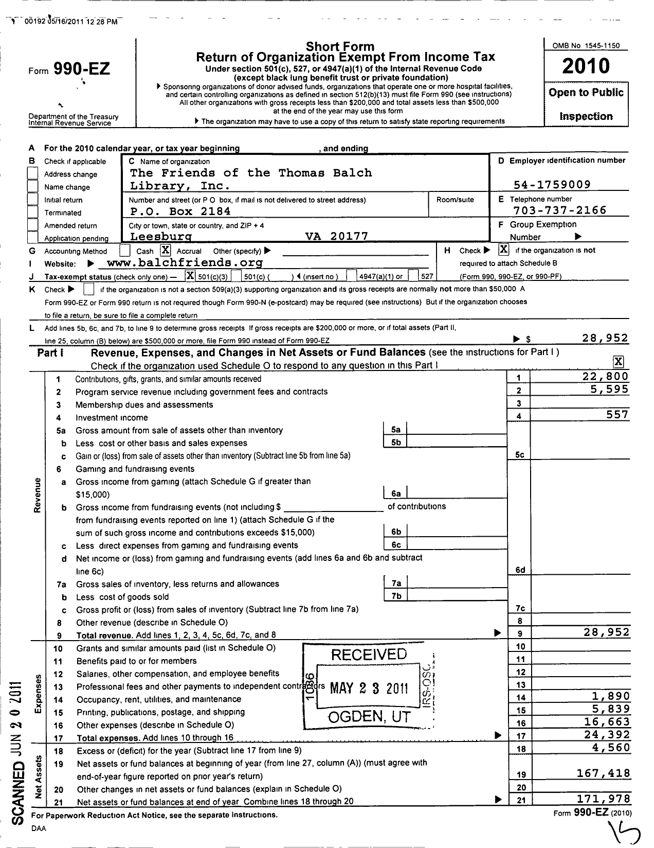 Image of first page of 2010 Form 990EZ for Friends of the Thomas Balch Library