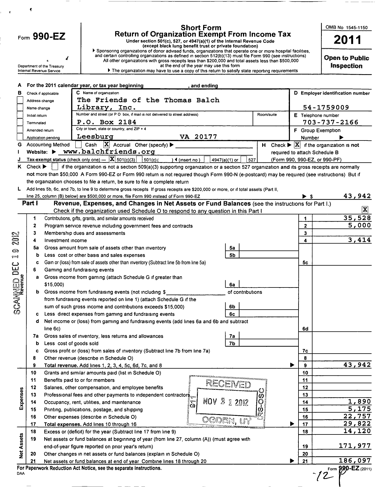 Image of first page of 2011 Form 990EZ for Friends of the Thomas Balch Library