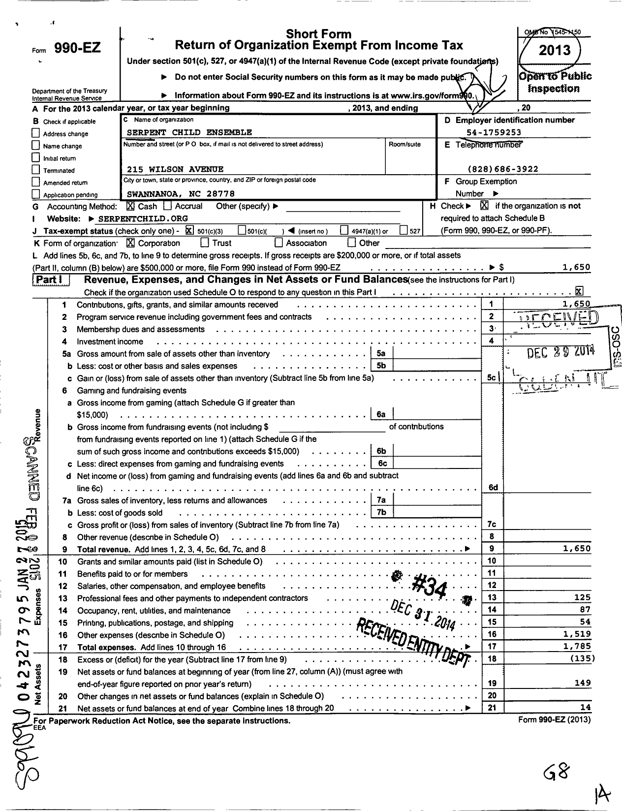 Image of first page of 2013 Form 990EZ for Serpent Child Ensemble