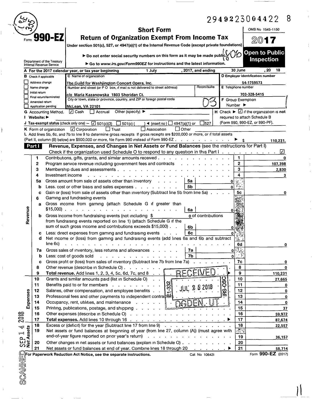 Image of first page of 2017 Form 990EZ for Guild for the Washington Concert Opera