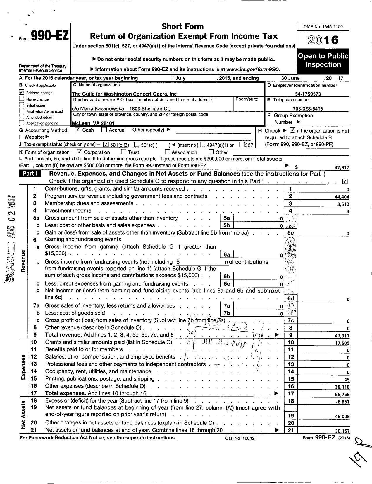 Image of first page of 2016 Form 990EZ for Guild for the Washington Concert Opera