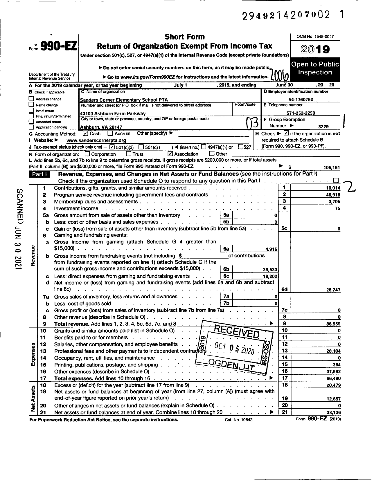 Image of first page of 2019 Form 990EZ for Virginia PTA - Sanders Corner Elementary PTA