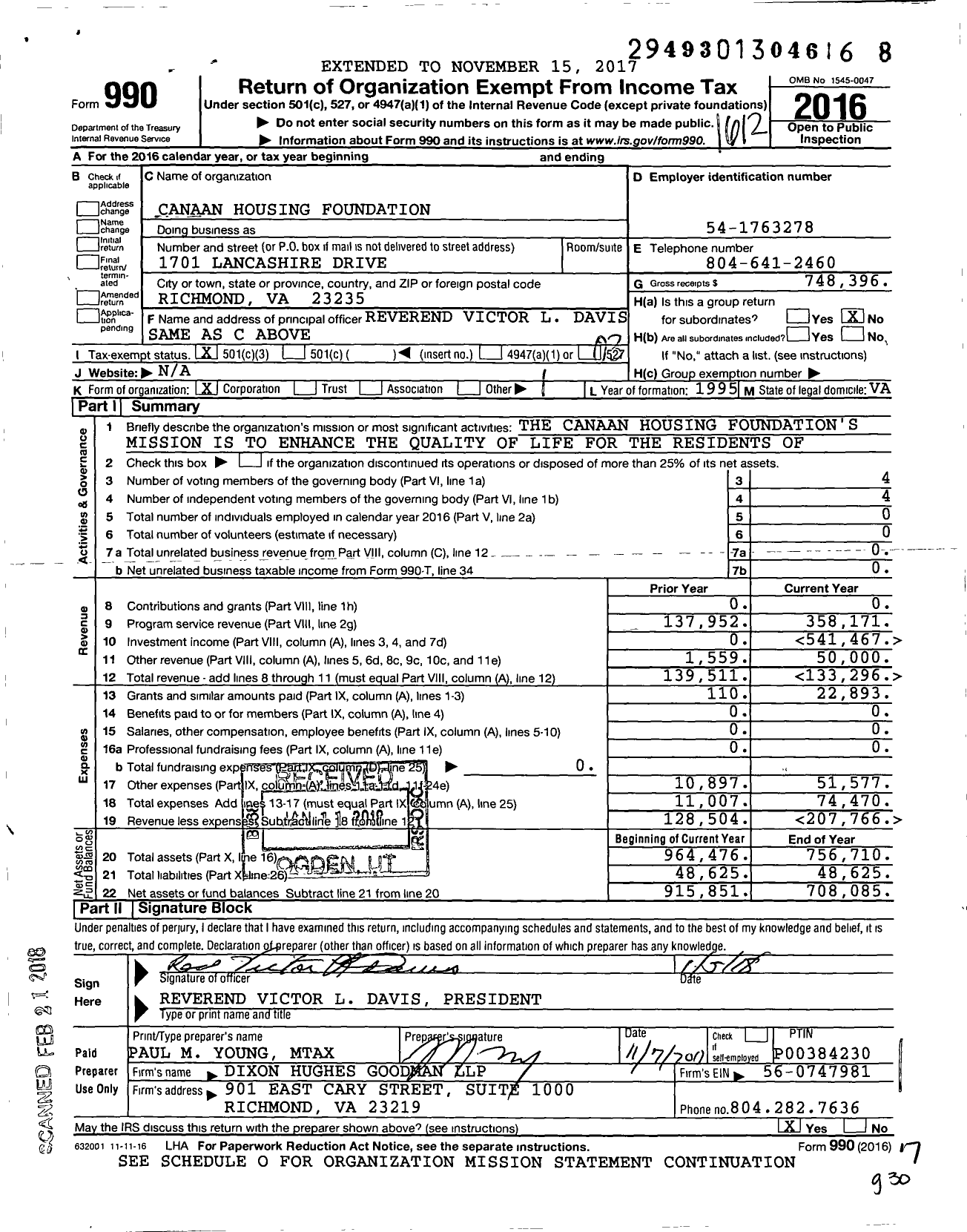 Image of first page of 2016 Form 990 for The Canaan Housing Foundation