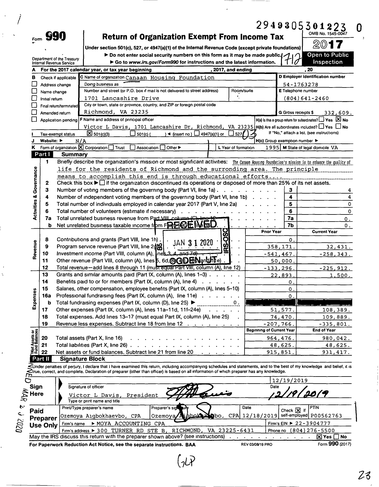 Image of first page of 2017 Form 990 for The Canaan Housing Foundation