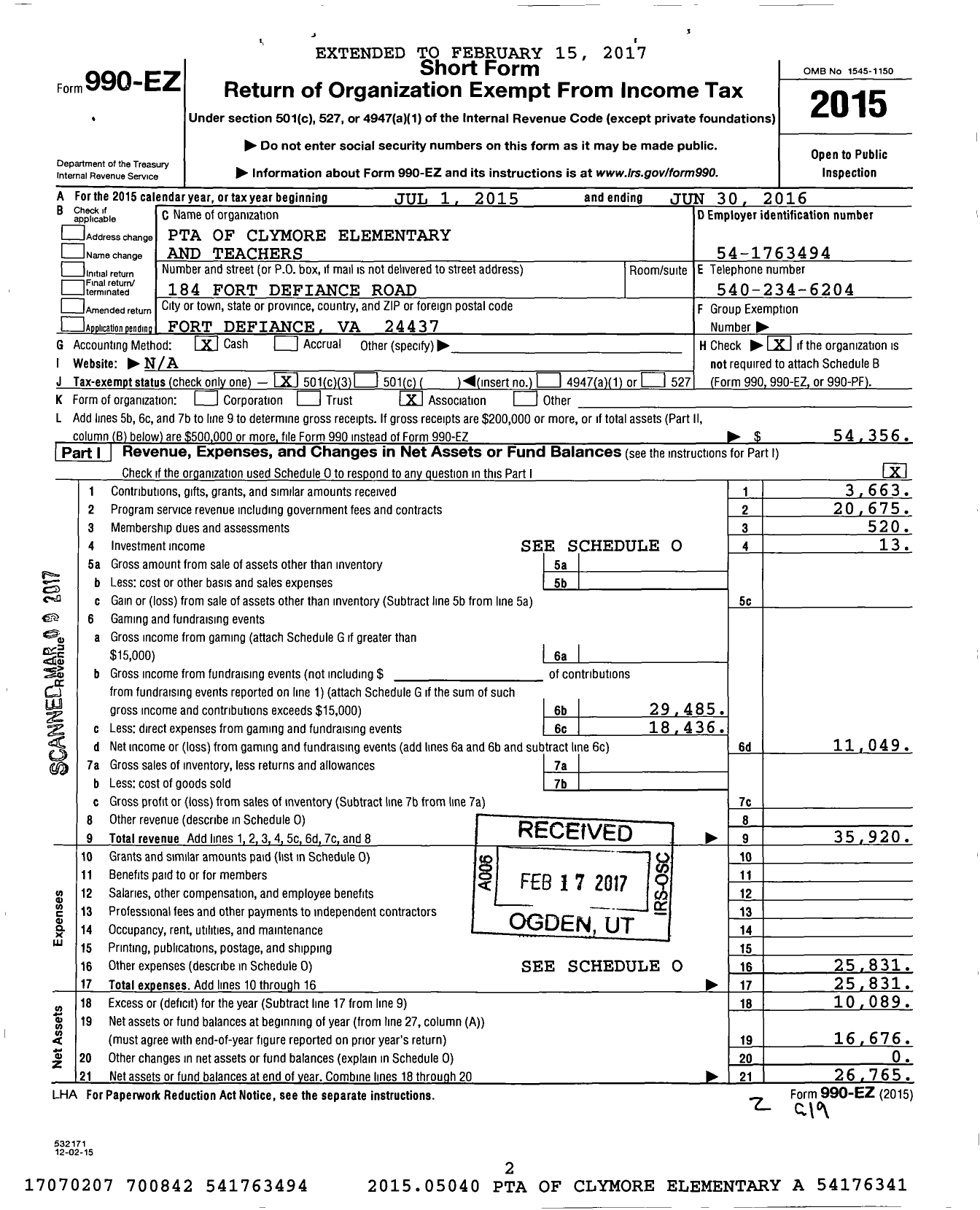 Image of first page of 2015 Form 990EZ for Virginia PTA - E G Clymore Elementary School PTA