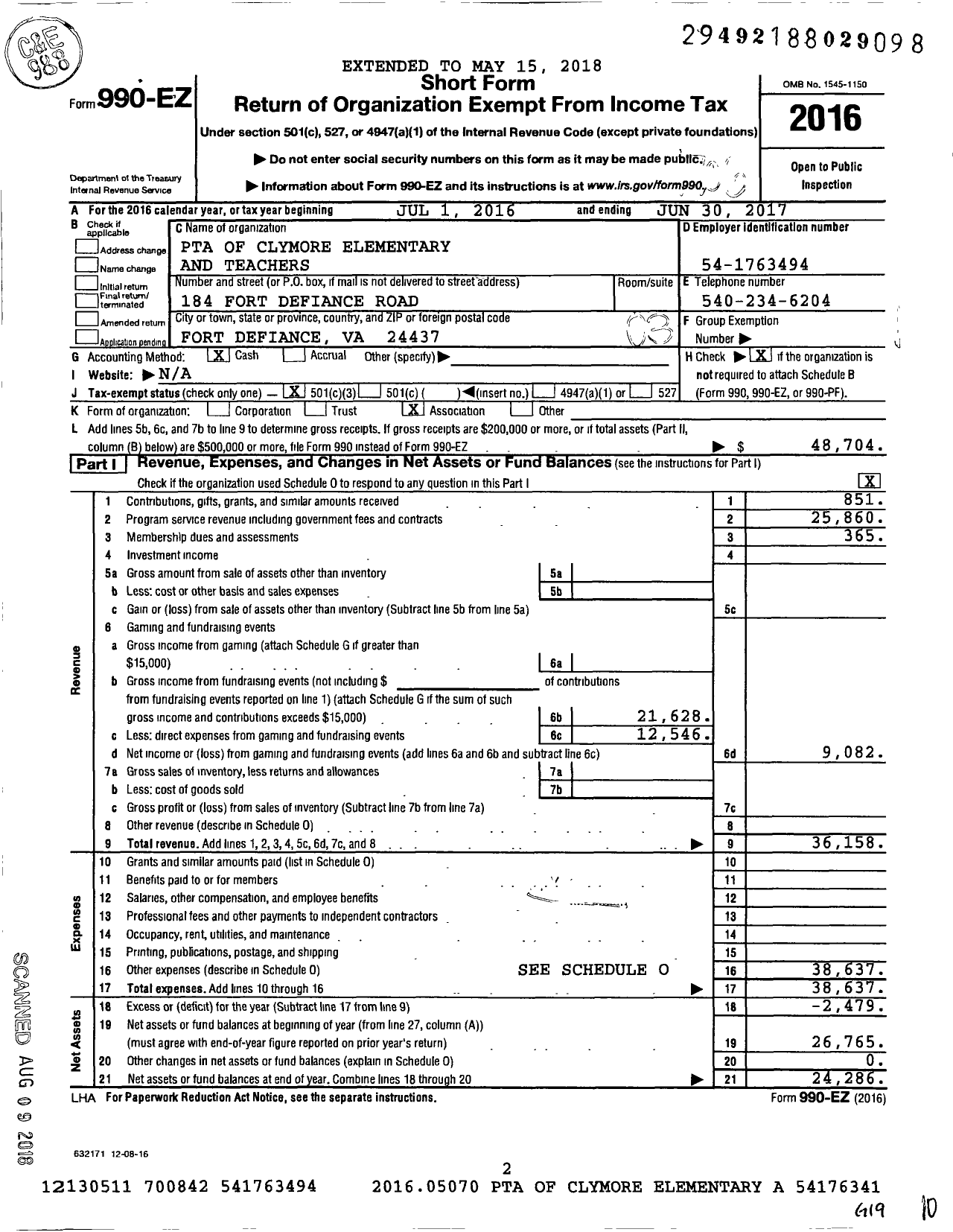 Image of first page of 2016 Form 990EZ for Virginia PTA - E G Clymore Elementary School PTA