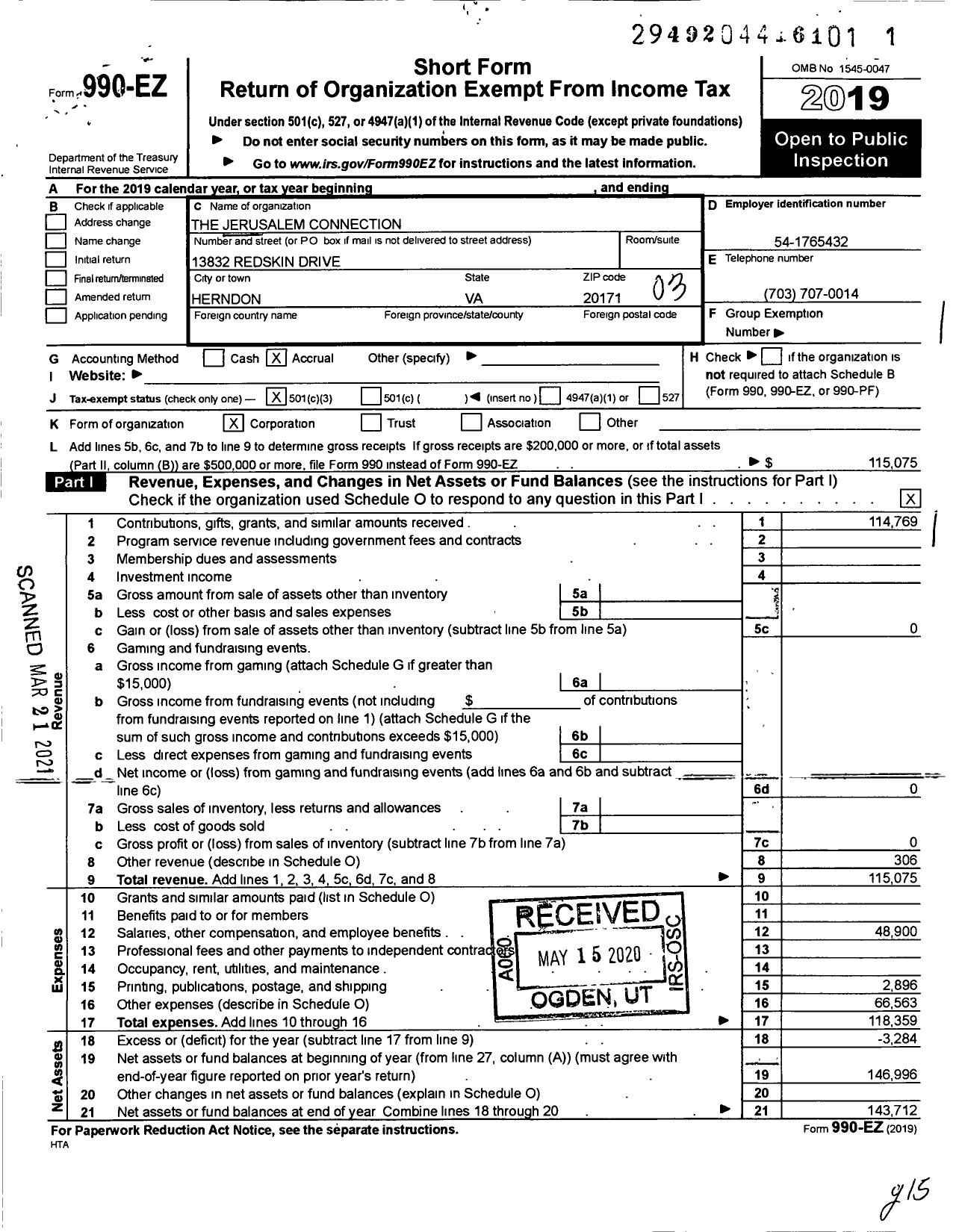 Image of first page of 2019 Form 990EZ for The Jerusalem Connection