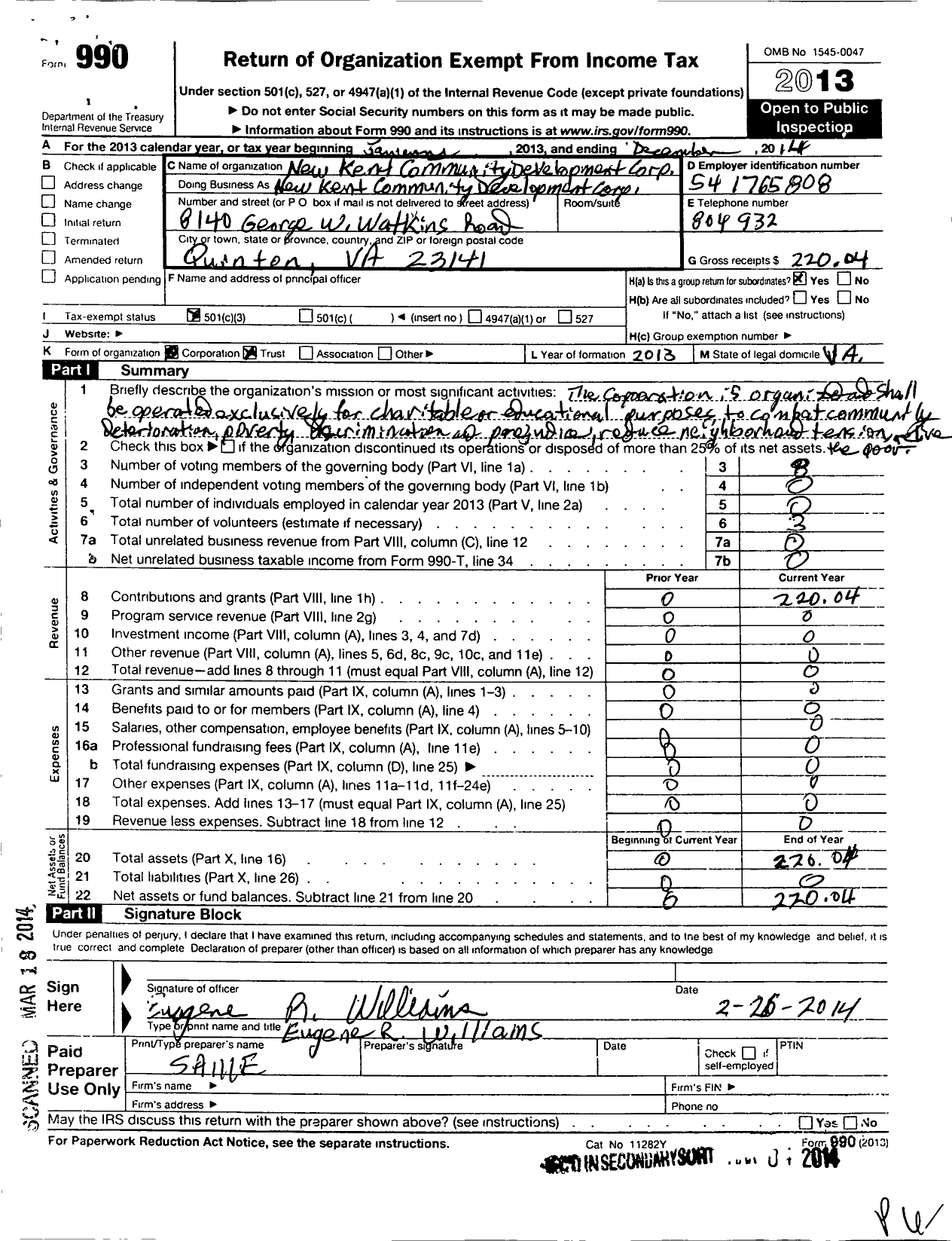 Image of first page of 2014 Form 990 for New Kent Community Development Corporation