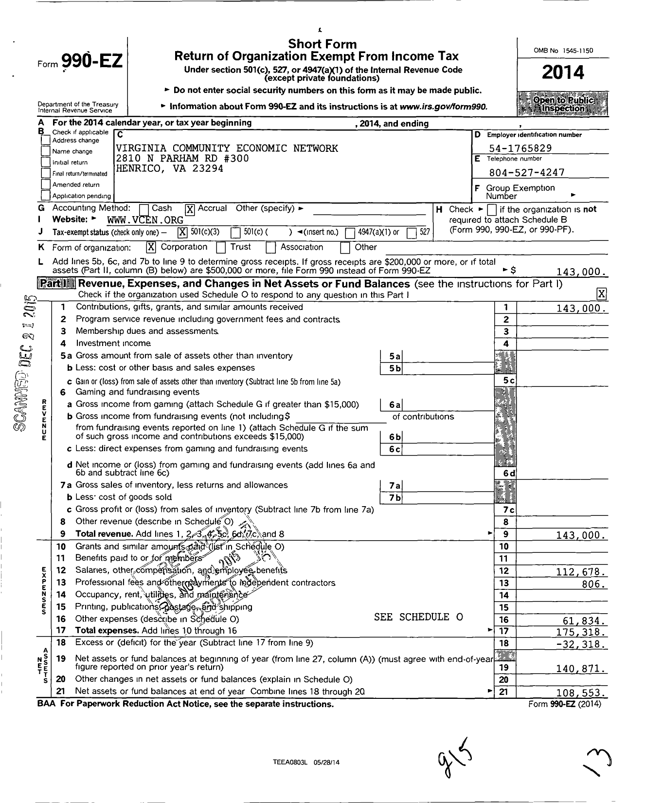 Image of first page of 2014 Form 990EZ for Virginia Community Economic Network