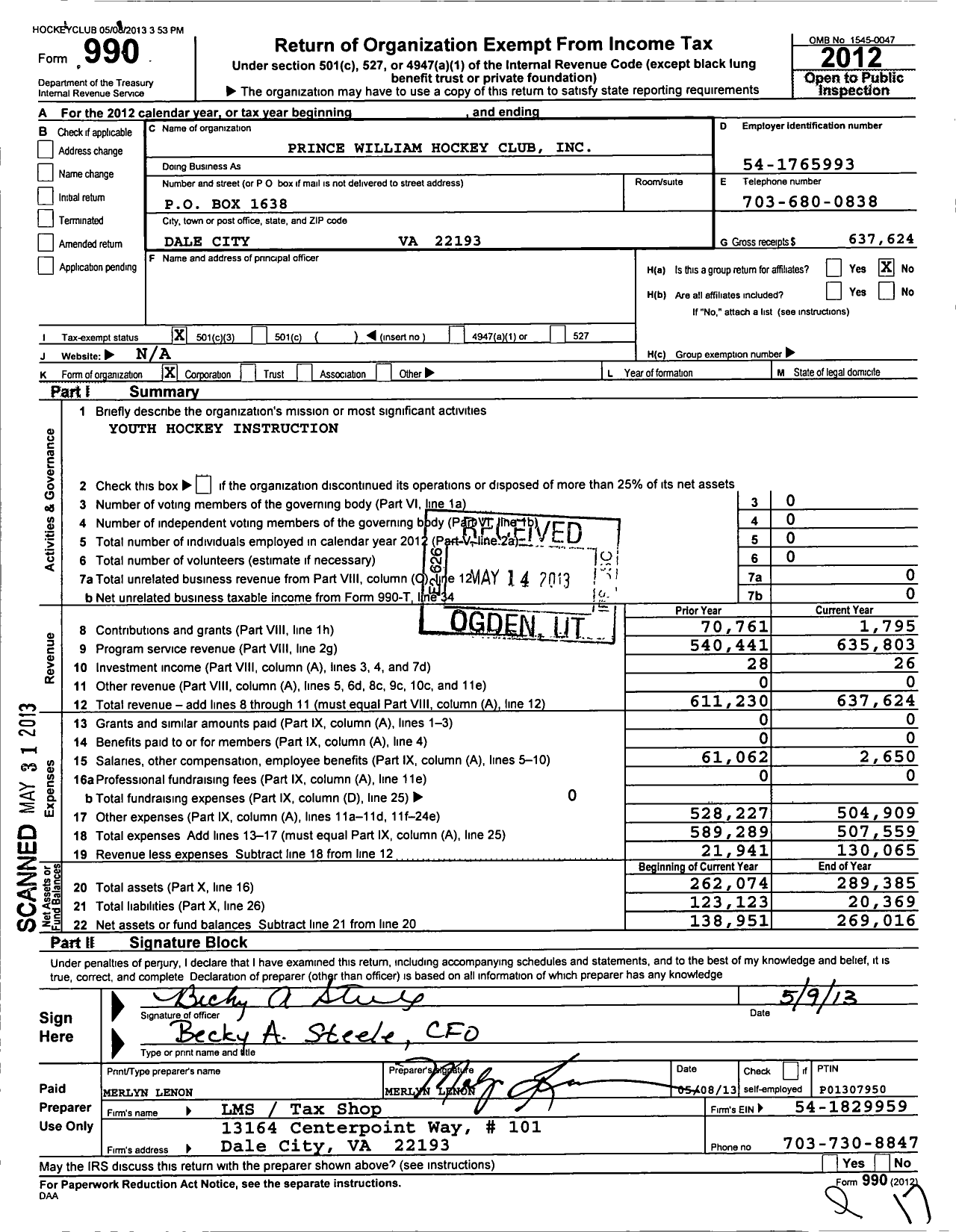 Image of first page of 2012 Form 990 for Prince William Hockey