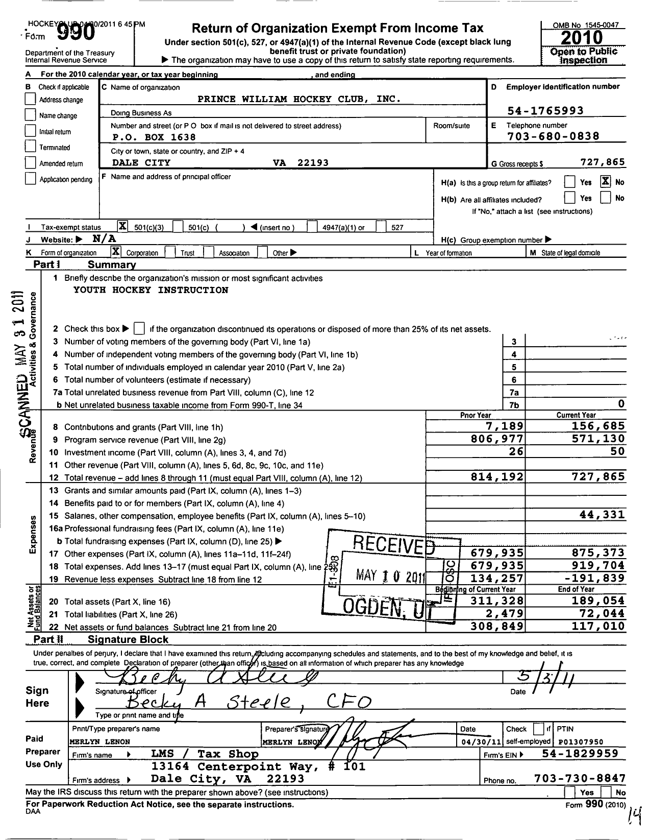 Image of first page of 2010 Form 990 for Prince William Hockey