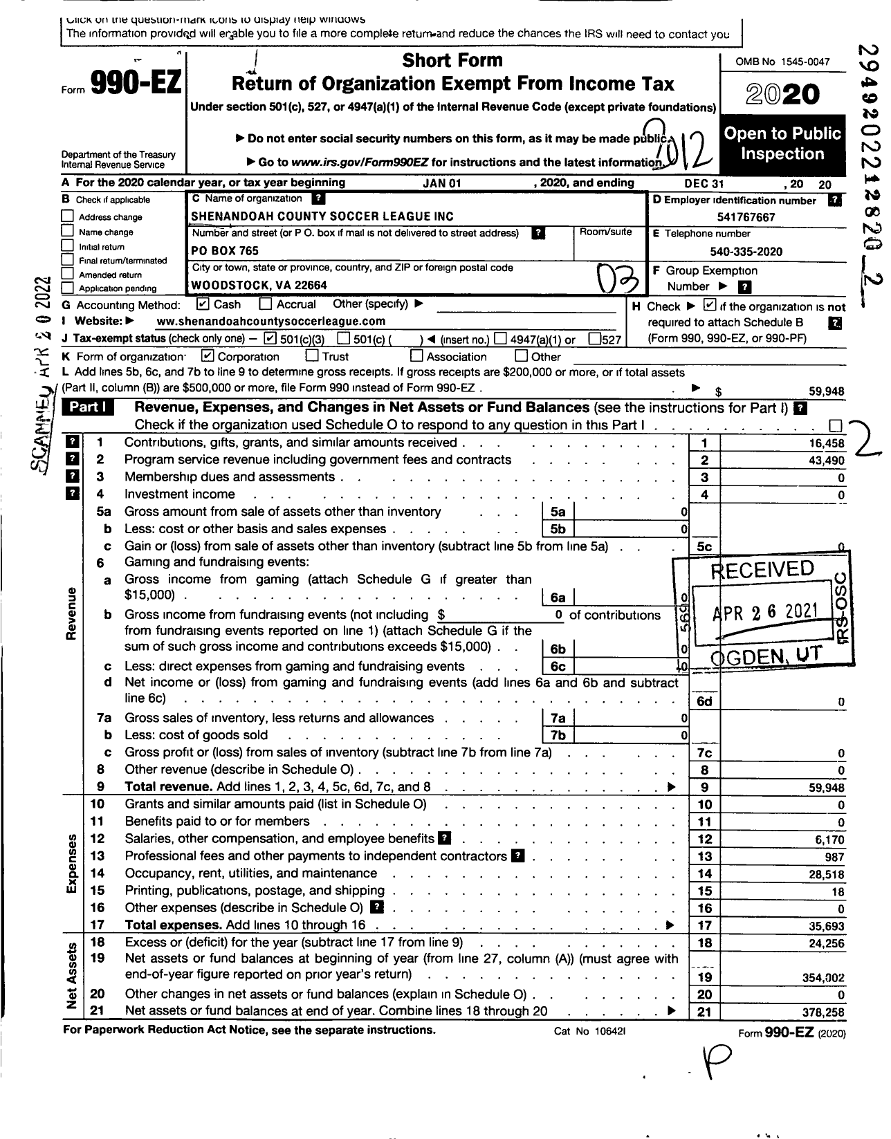 Image of first page of 2020 Form 990EZ for Shenandoah County Soccer League