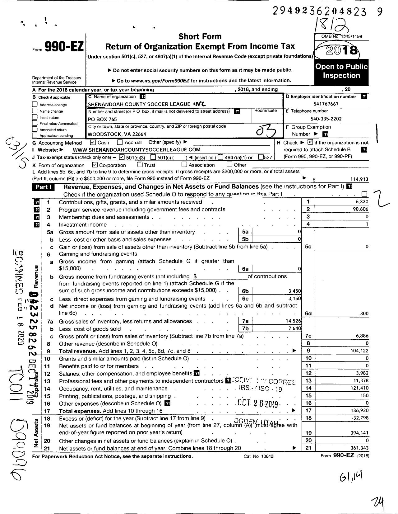 Image of first page of 2018 Form 990EZ for Shenandoah County Soccer League