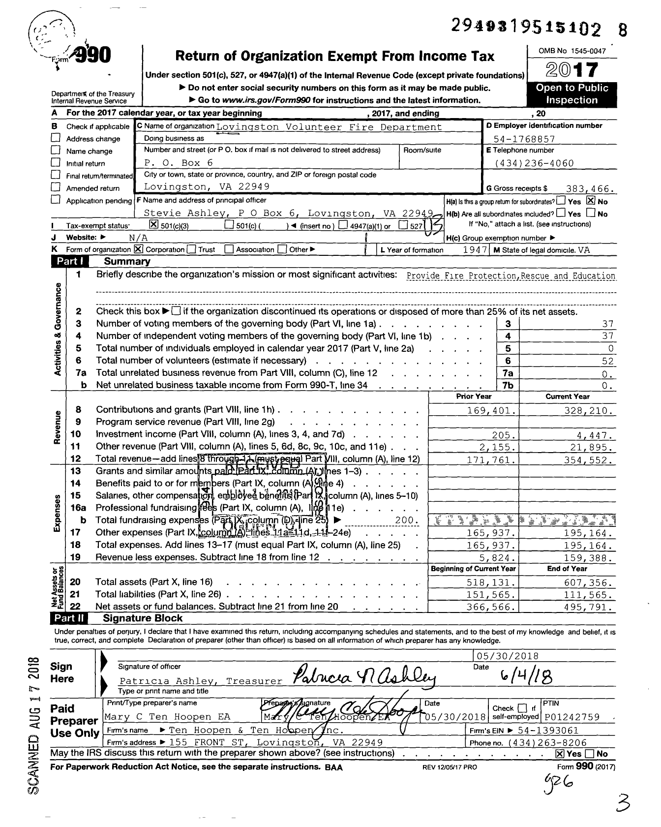 Image of first page of 2017 Form 990 for Lovingston Volunteer Fire Department
