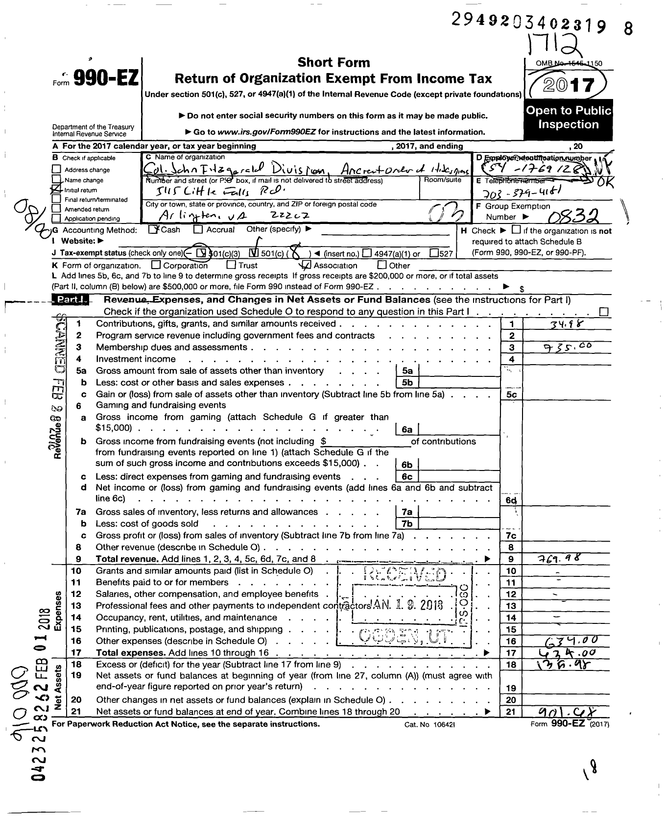 Image of first page of 2017 Form 990EO for Ancient Order of Hibernians in America / 44ar01