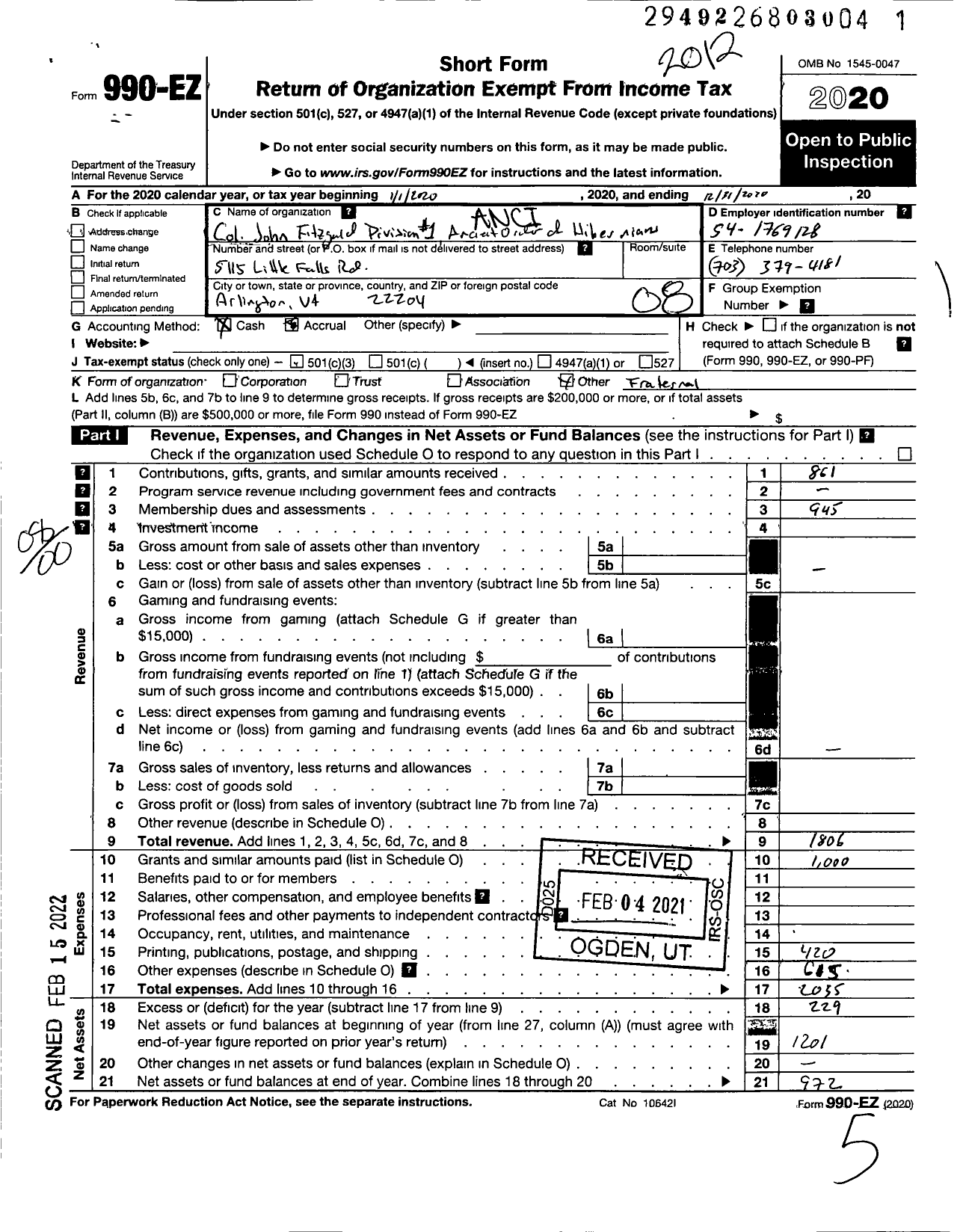 Image of first page of 2020 Form 990EO for Ancient Order of Hibernians in America / 44ar01