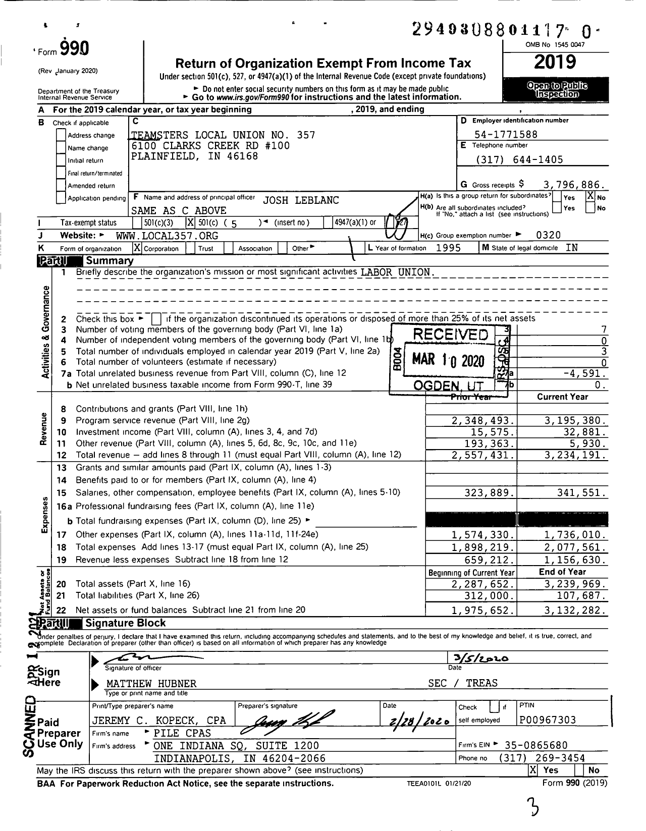 Image of first page of 2019 Form 990O for Teamsters - 357 Teamsters Local Union