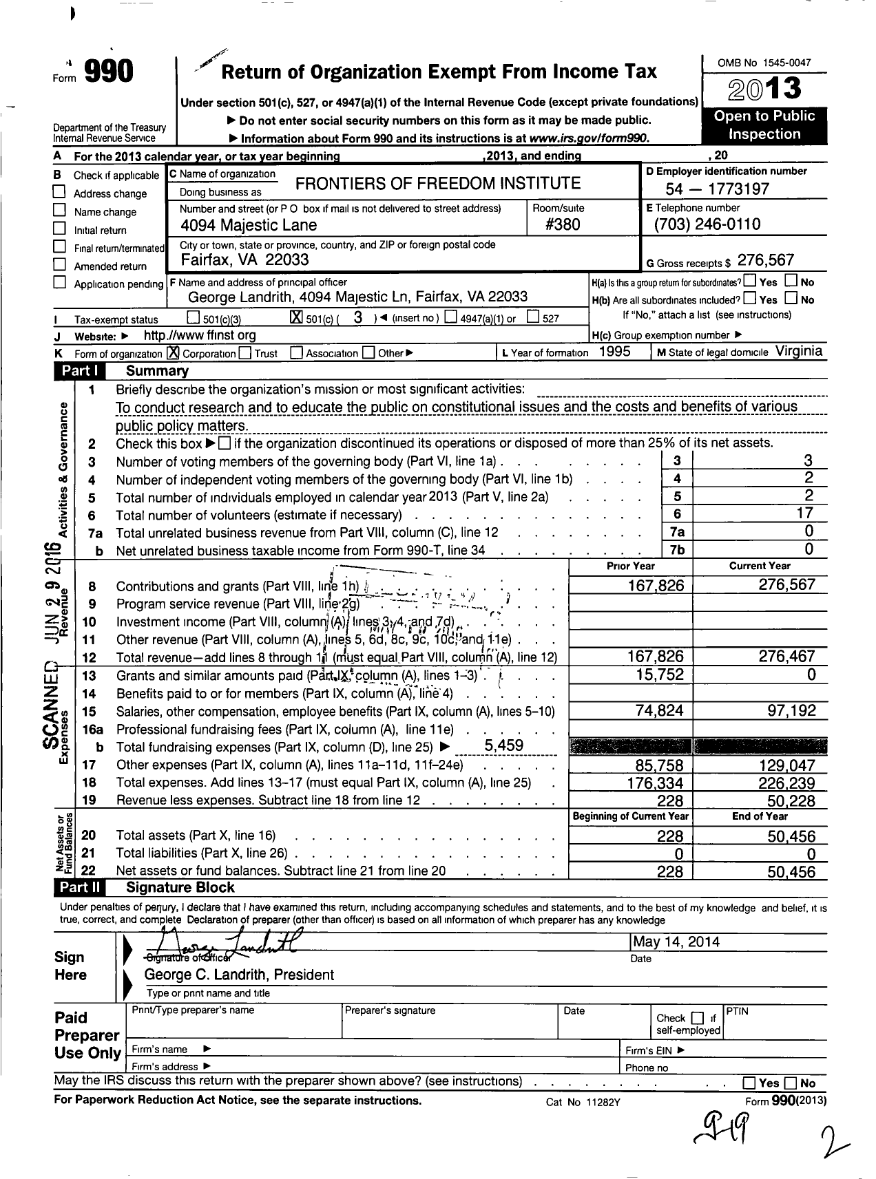 Image of first page of 2013 Form 990 for Frontiers of Freedom Institute