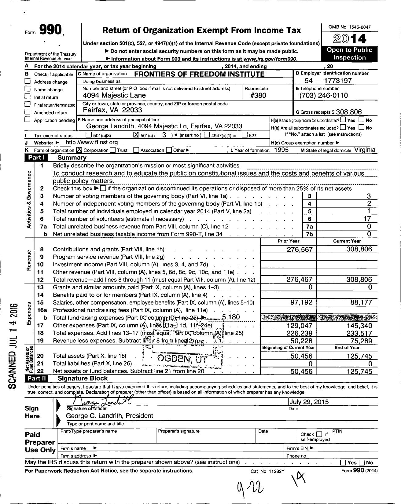 Image of first page of 2014 Form 990 for Frontiers of Freedom Institute