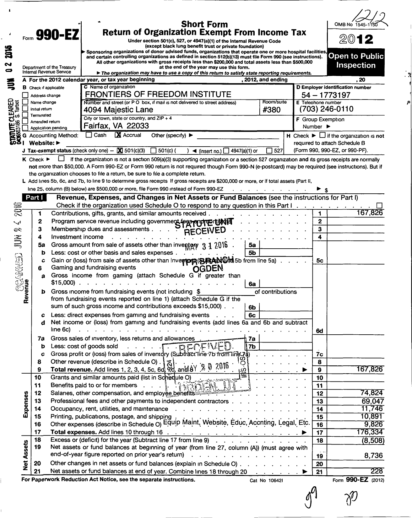 Image of first page of 2012 Form 990EZ for Frontiers of Freedom Institute