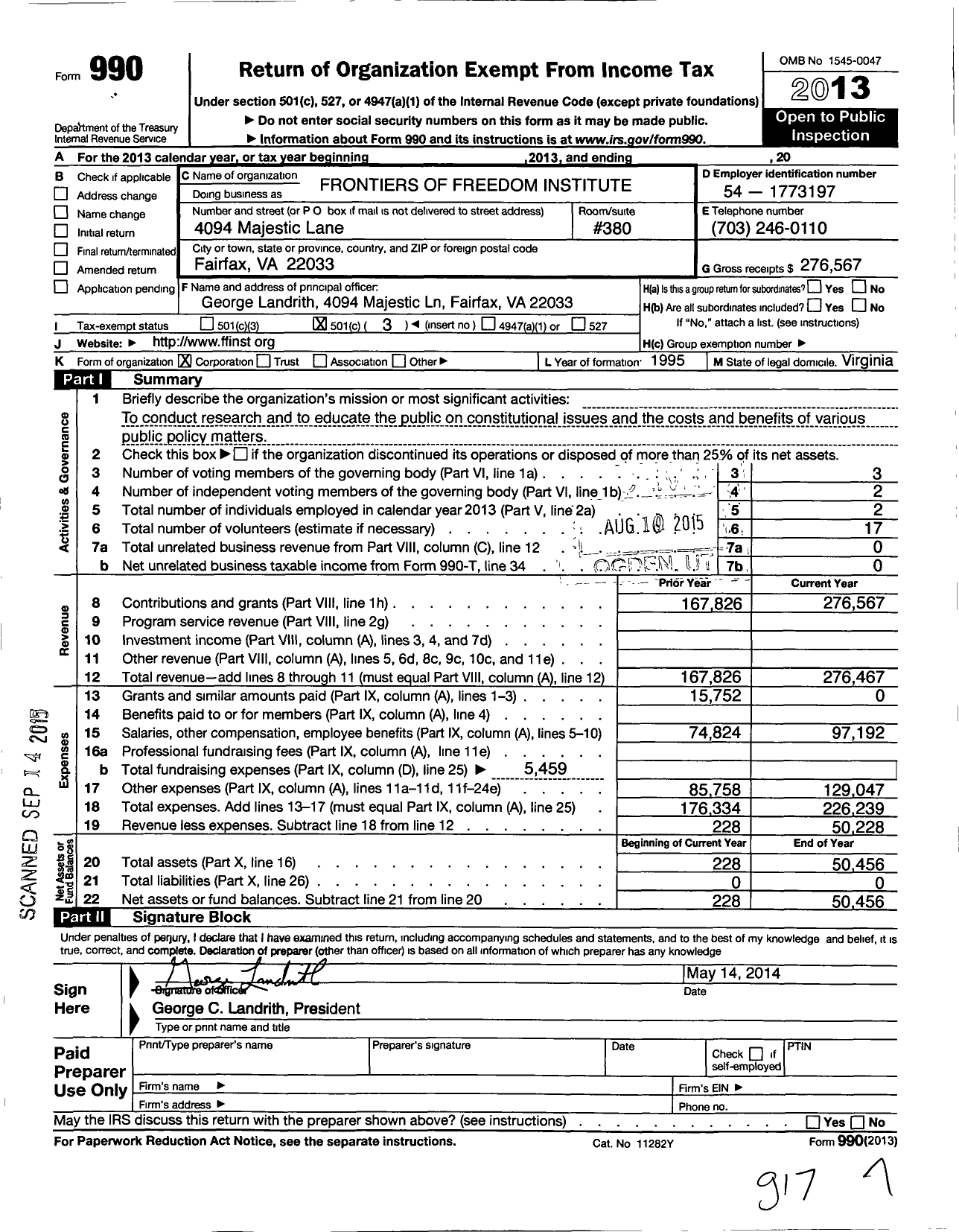 Image of first page of 2013 Form 990 for Frontiers of Freedom Institute