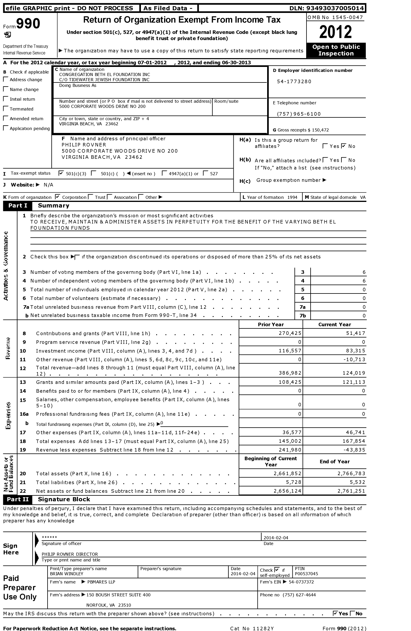 Image of first page of 2012 Form 990 for Congregation Beth El Foundation