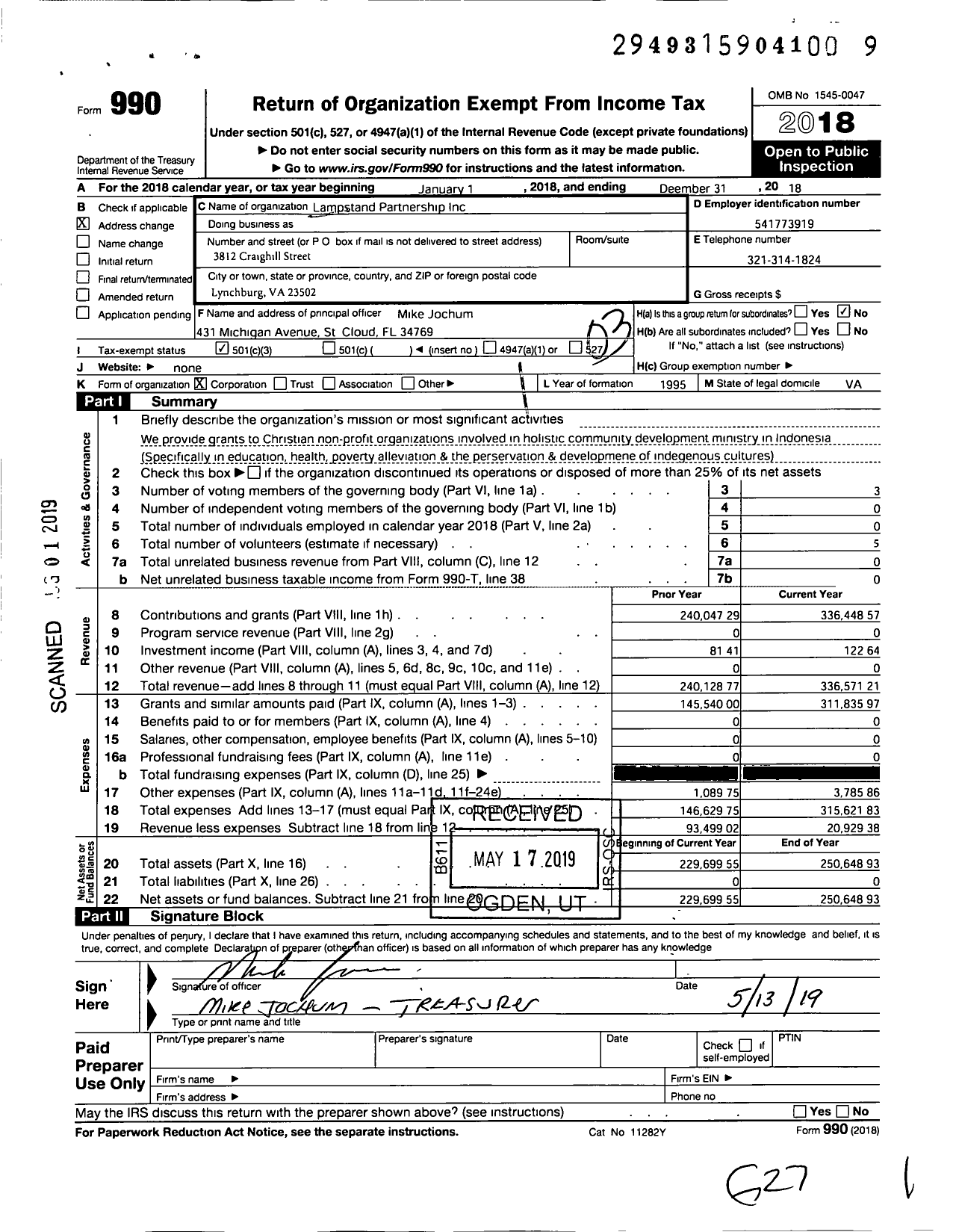 Image of first page of 2018 Form 990 for Lampstand Partnership