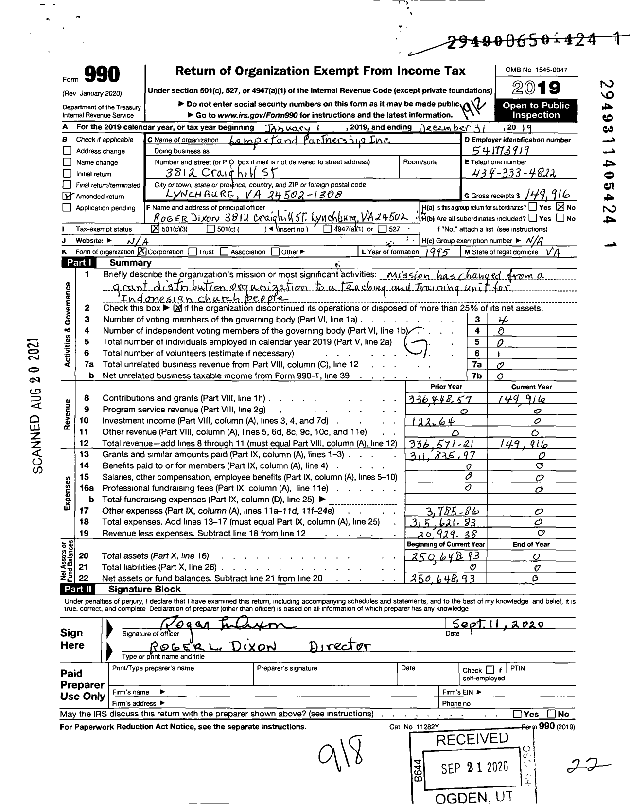 Image of first page of 2019 Form 990 for Lampstand Partnership