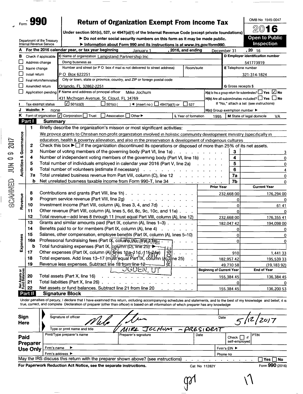 Image of first page of 2016 Form 990 for Lampstand Partnership