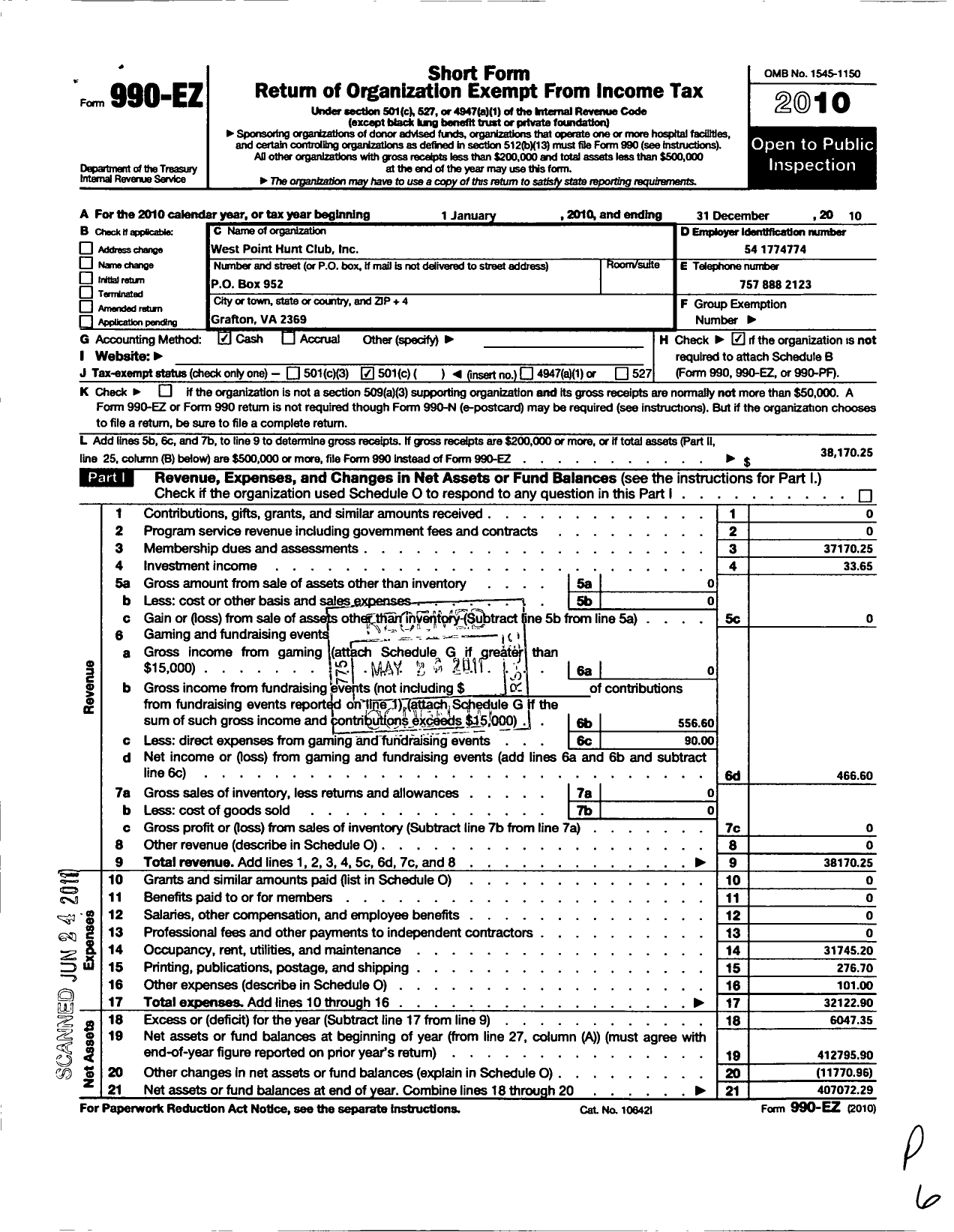 Image of first page of 2010 Form 990EO for West Point Hunt Club