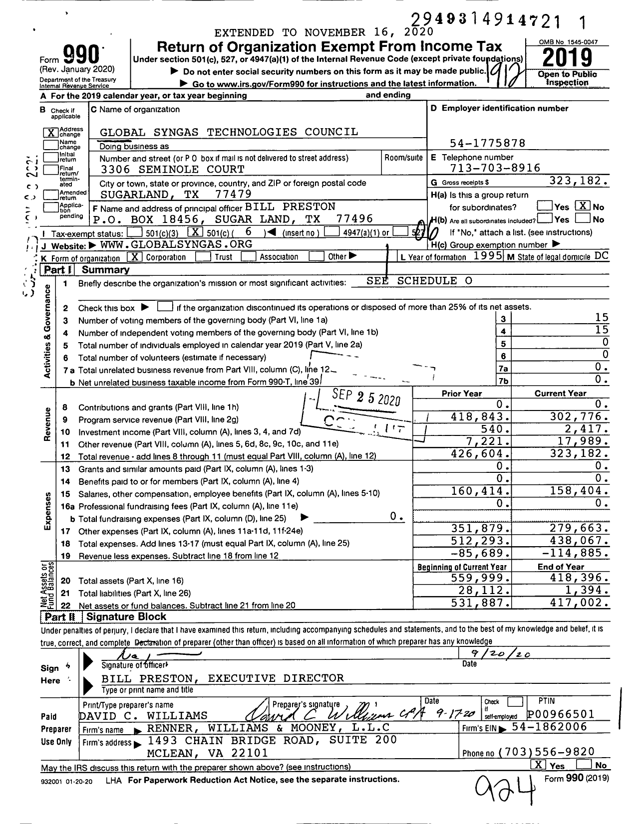 Image of first page of 2019 Form 990O for Global Syngas Technologies Council (GTC)