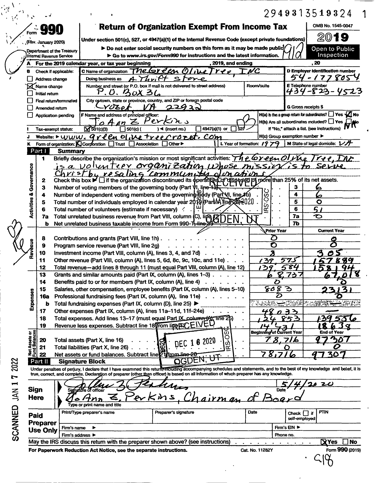 Image of first page of 2019 Form 990 for The Green Olive Tree