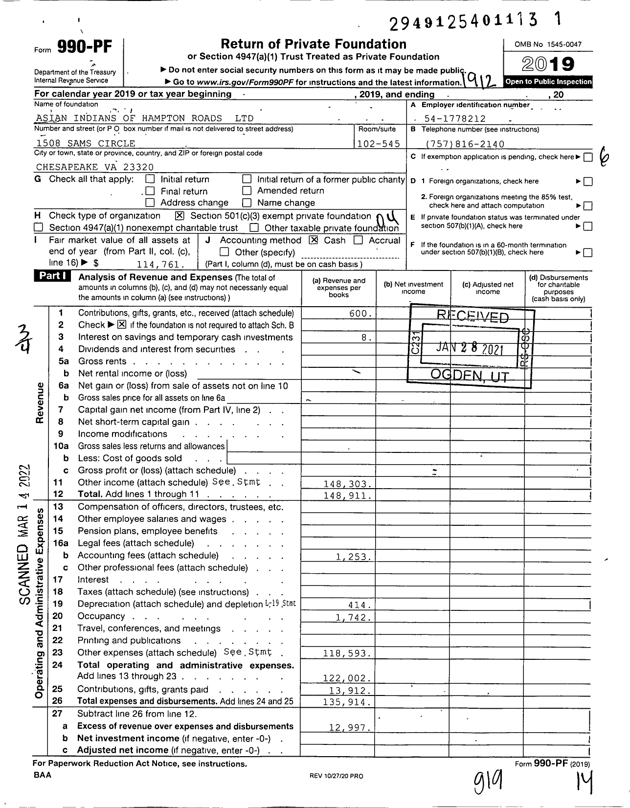 Image of first page of 2019 Form 990PF for Asian Indians of Hampton Roads