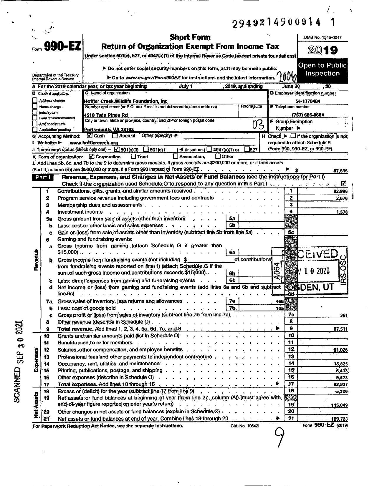 Image of first page of 2019 Form 990EZ for Hoffler Creek Wildlife Foundation Incorporated