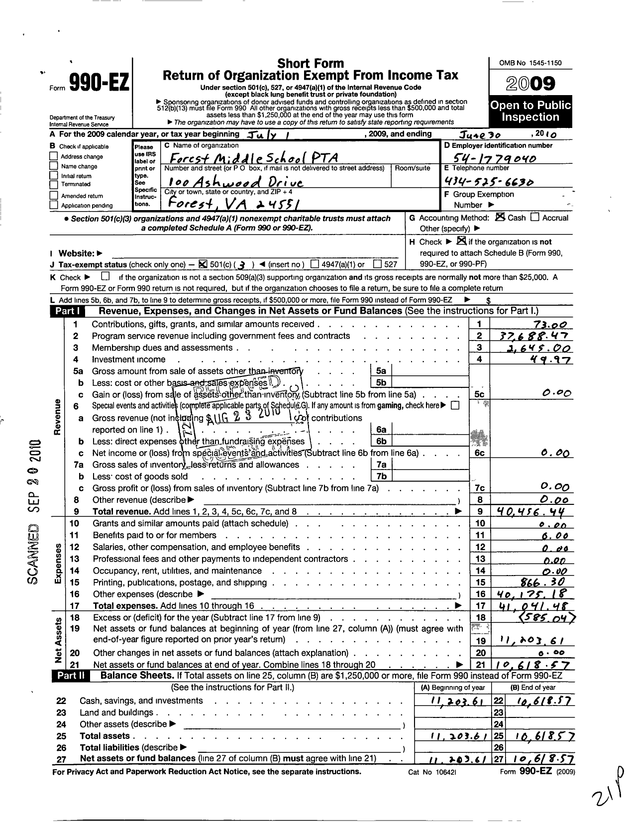 Image of first page of 2009 Form 990EZ for Virginia PTA - Forest Middle School PTA