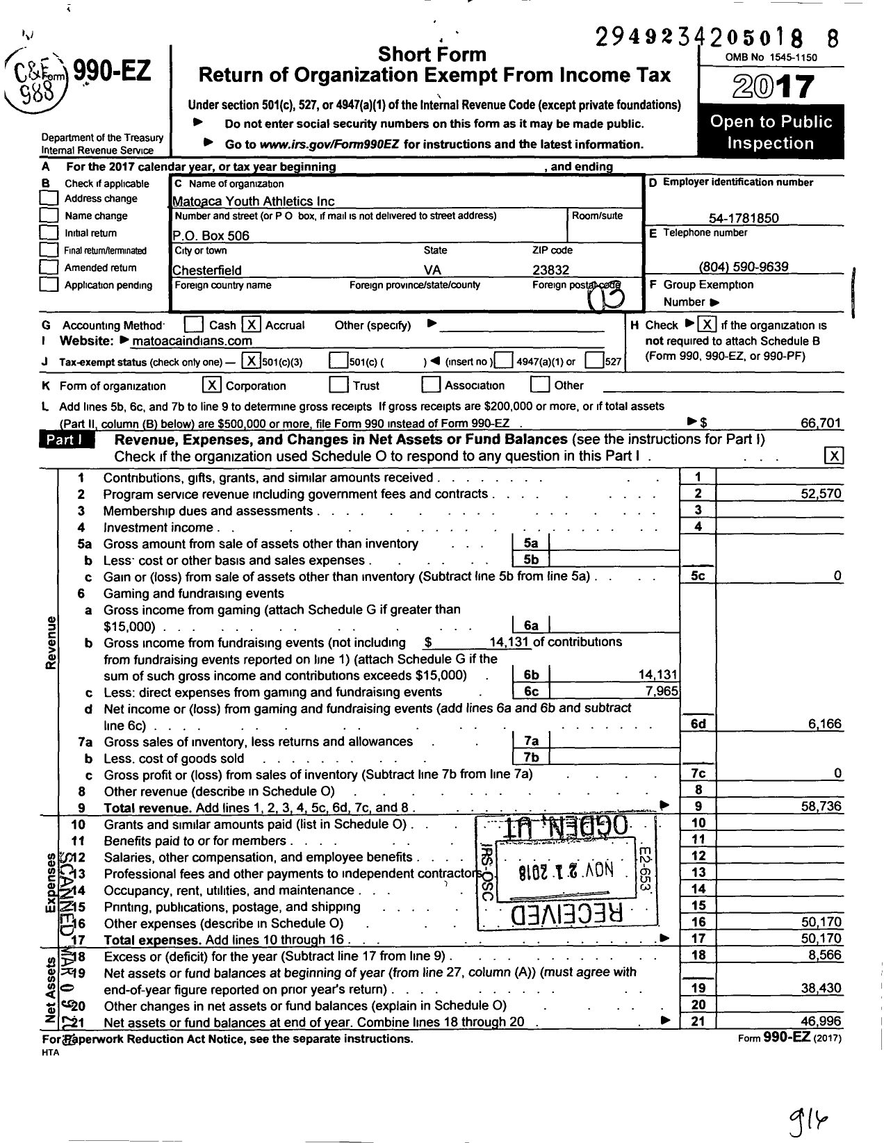 Image of first page of 2017 Form 990EZ for Matoaca Youth Athletics